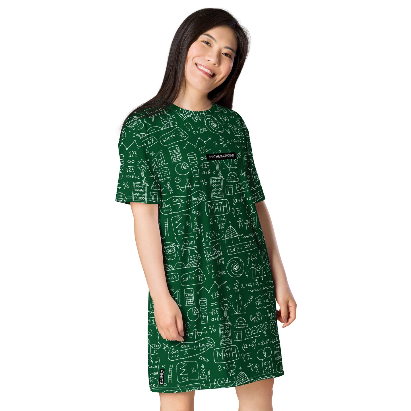 Woman in Personalised T-shirt dress with Math Formulas on dark green. Basic text on dress - Mathematician. 