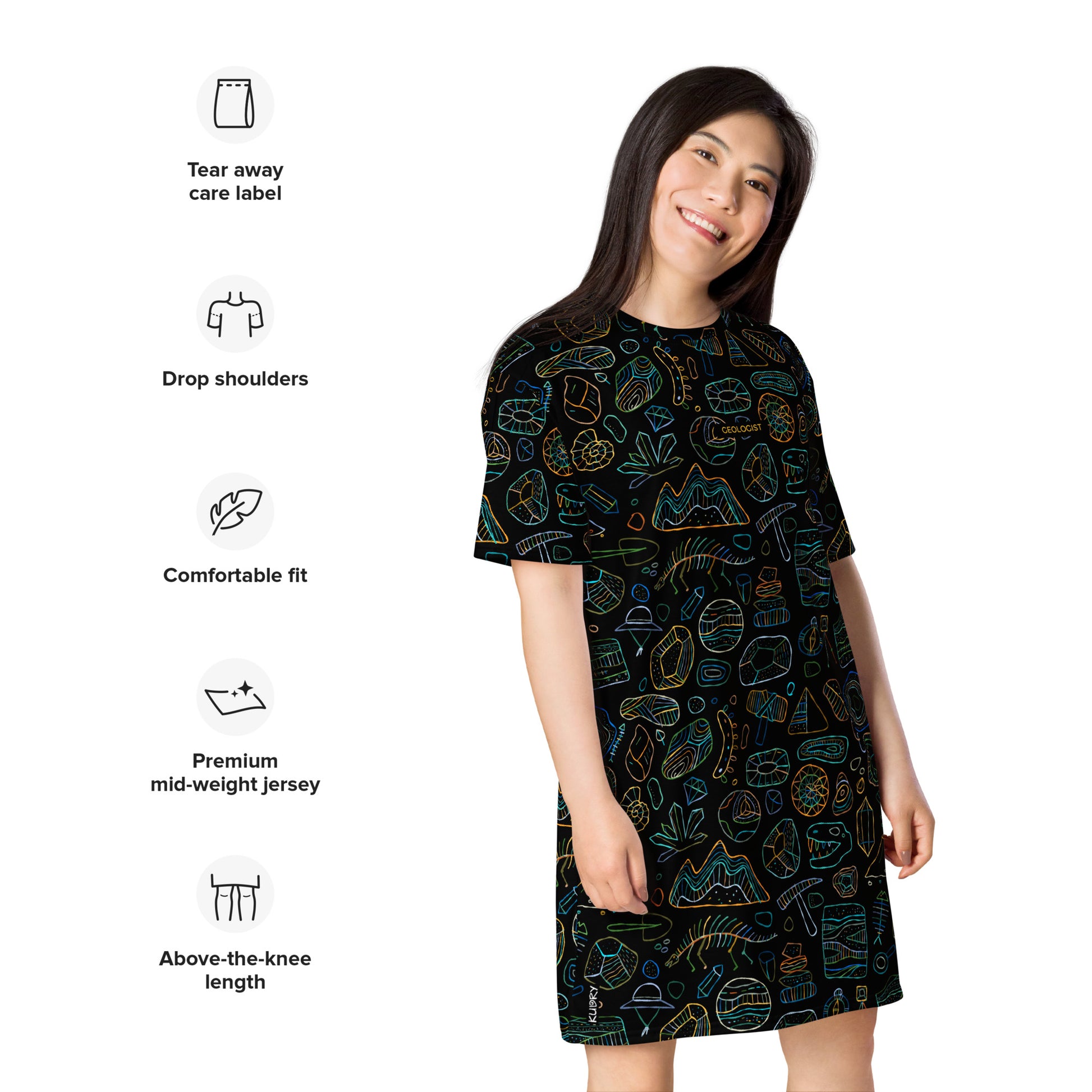 Woman in geology-themed black personalised T-shirt dress