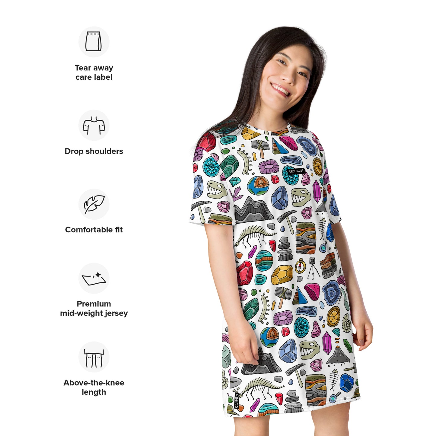 Woman in geology-themed bright personalised T-shirt dress