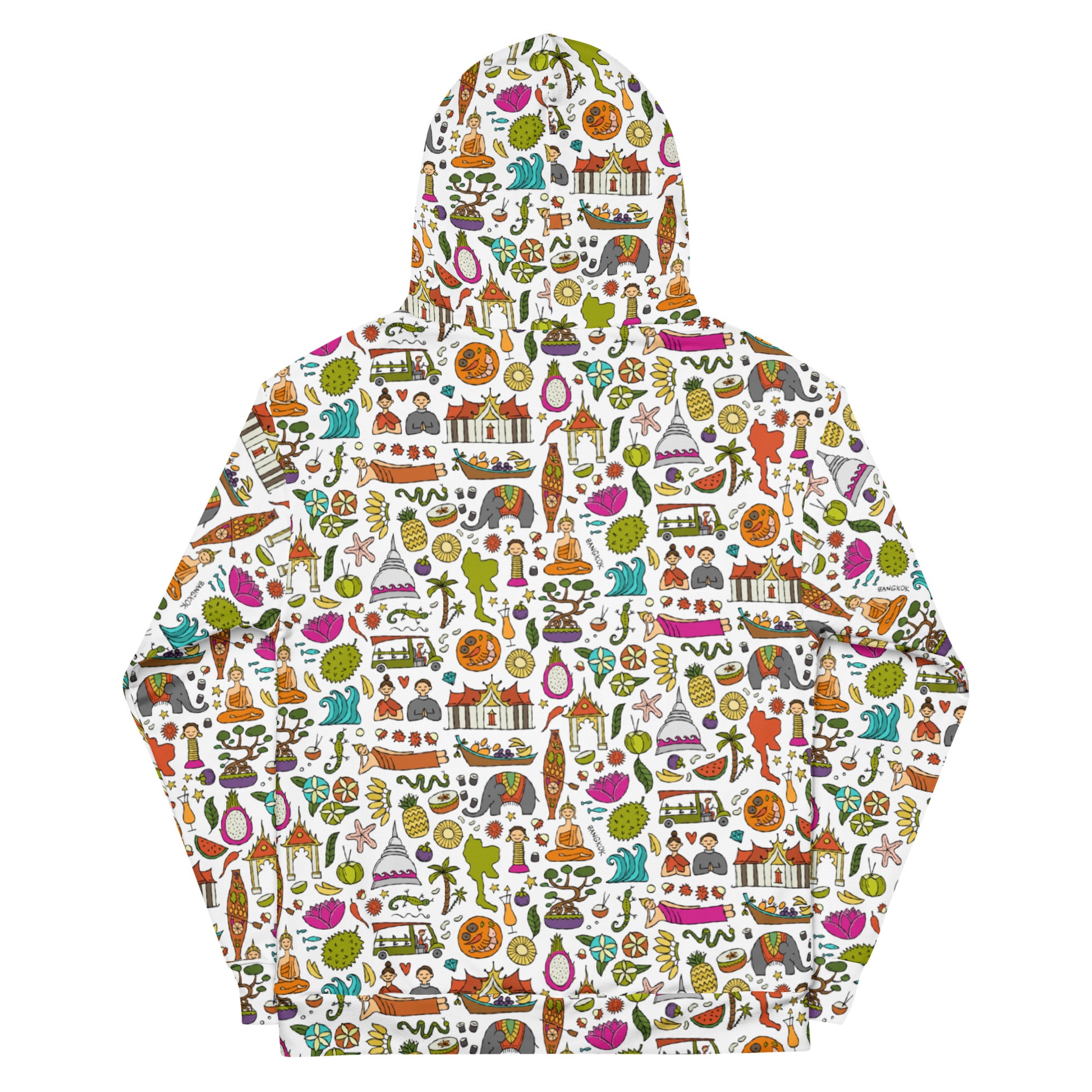 Unisex Hoodie white with colorful designer print for travelers - All about Thailand. Back side