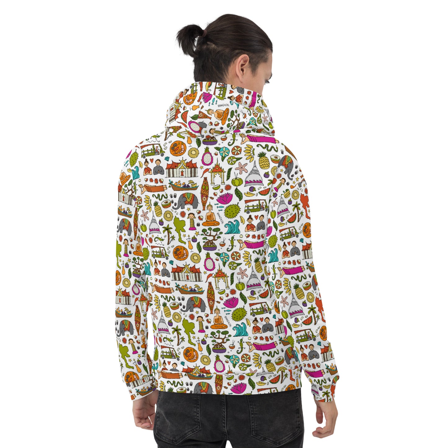 Boy in Unisex Hoodie white with colorful designer print for travelers - All about Thailand. Back side