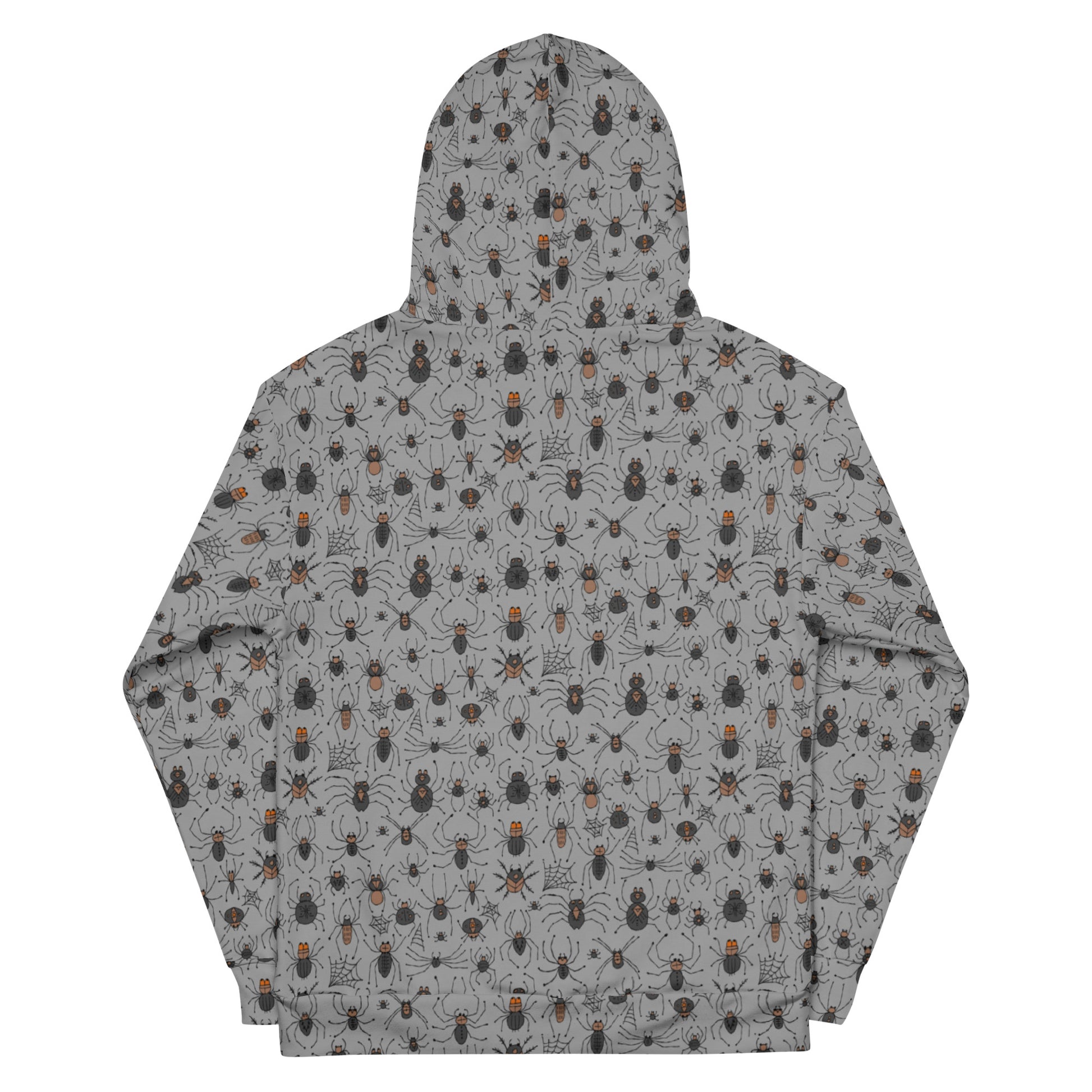 Unisex Hoodie for Arachnology lovers. Black and funny spiders collection on dark grey. Back side