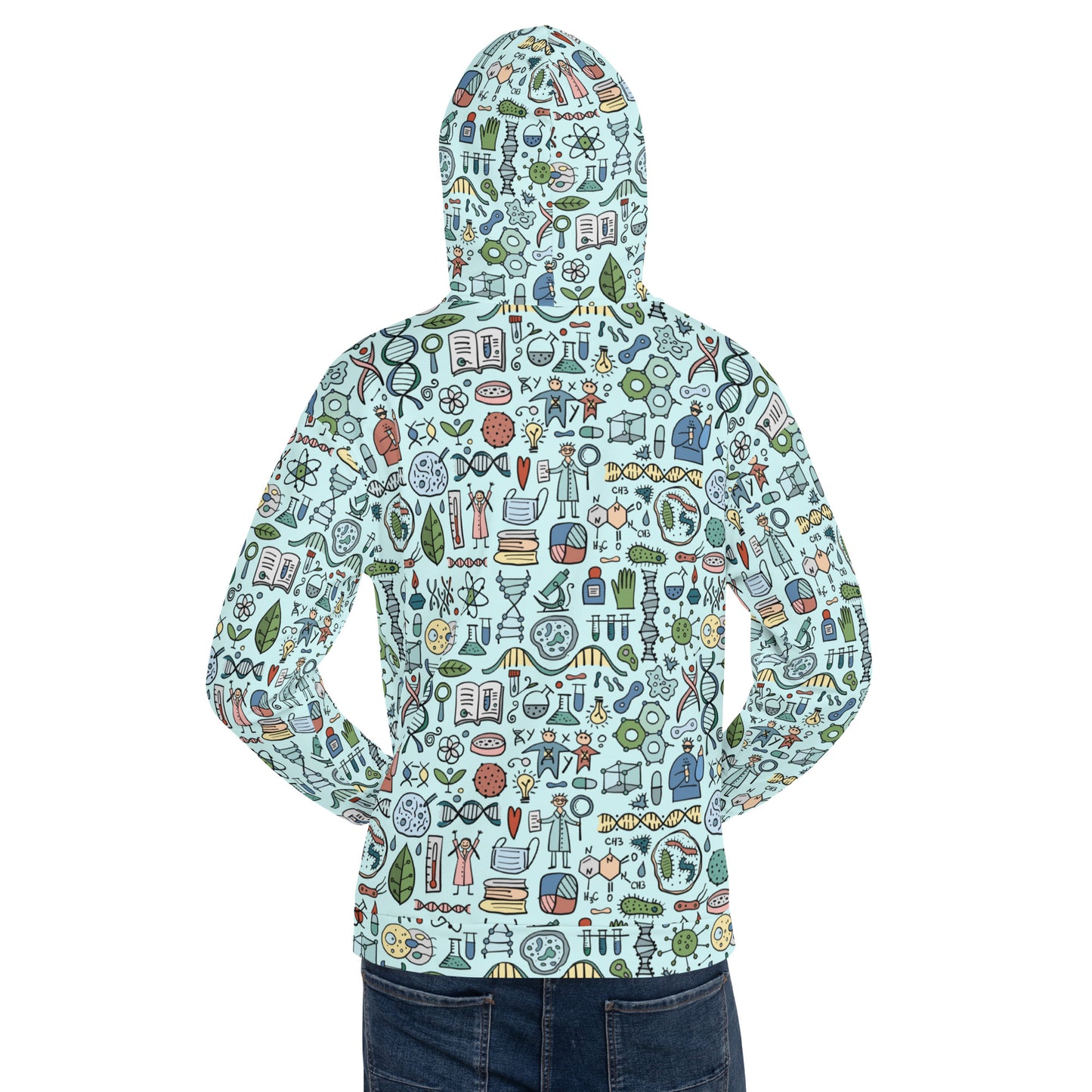 Man wearing All over print designer unisex Hoodie for Science Lovers with thematic print of genetic lab, biology, chemistry. Back view