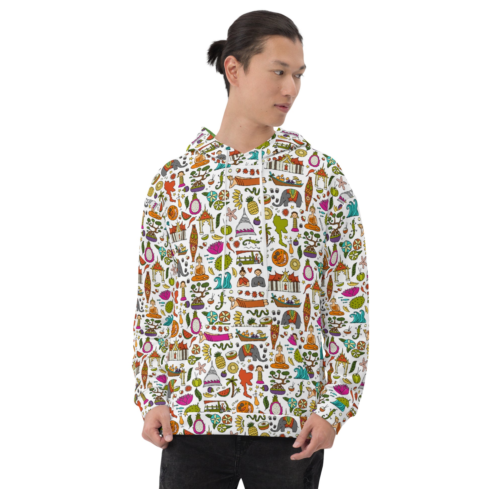 Boy in Unisex Hoodie white with colorful designer print for travelers - All about Thailand