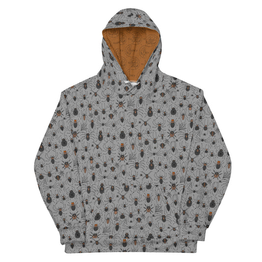 Unisex Hoodie for Arachnology lovers. Black and funny spiders collection on dark grey
