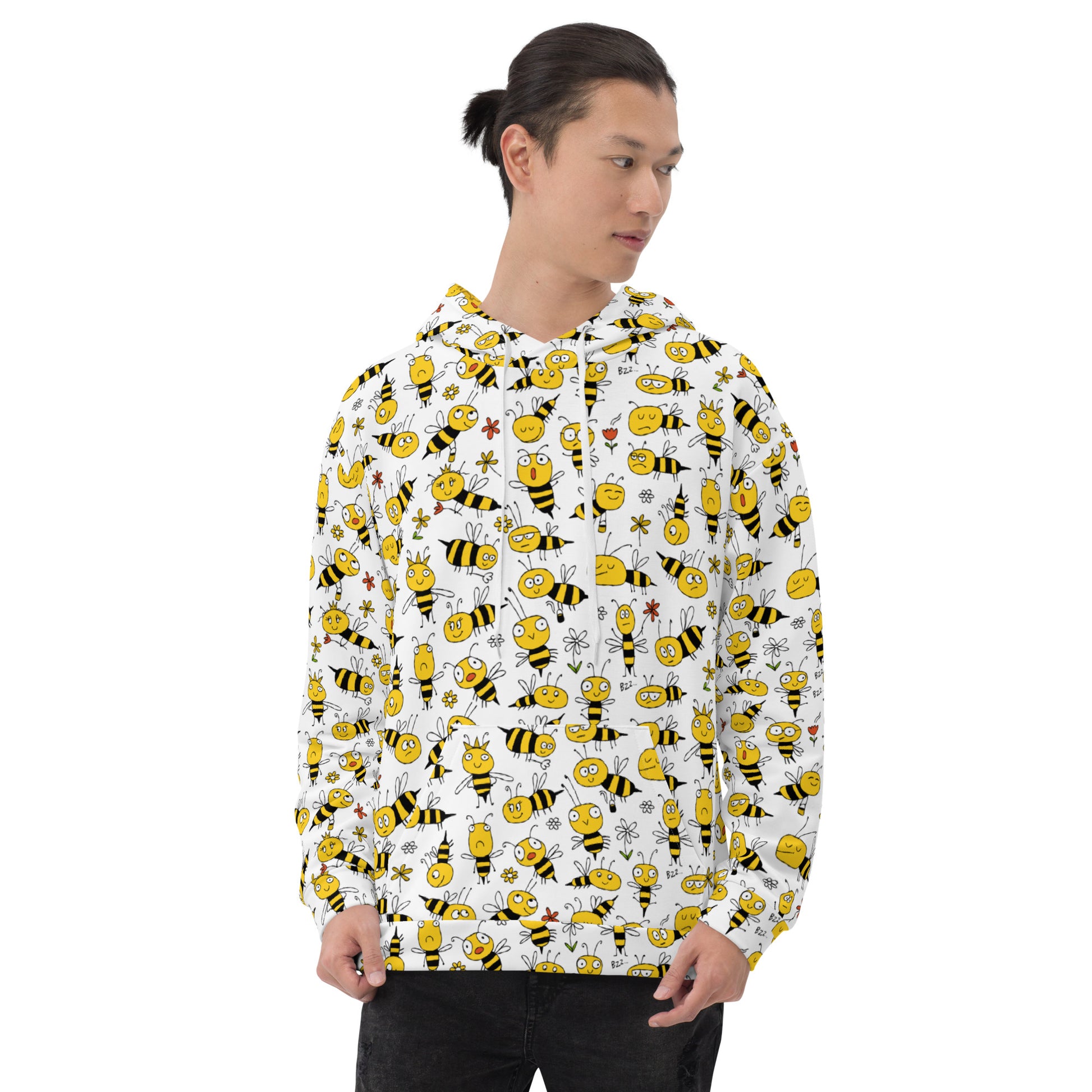 Boy in Unisex Hoodie white with funny yellow bees family.