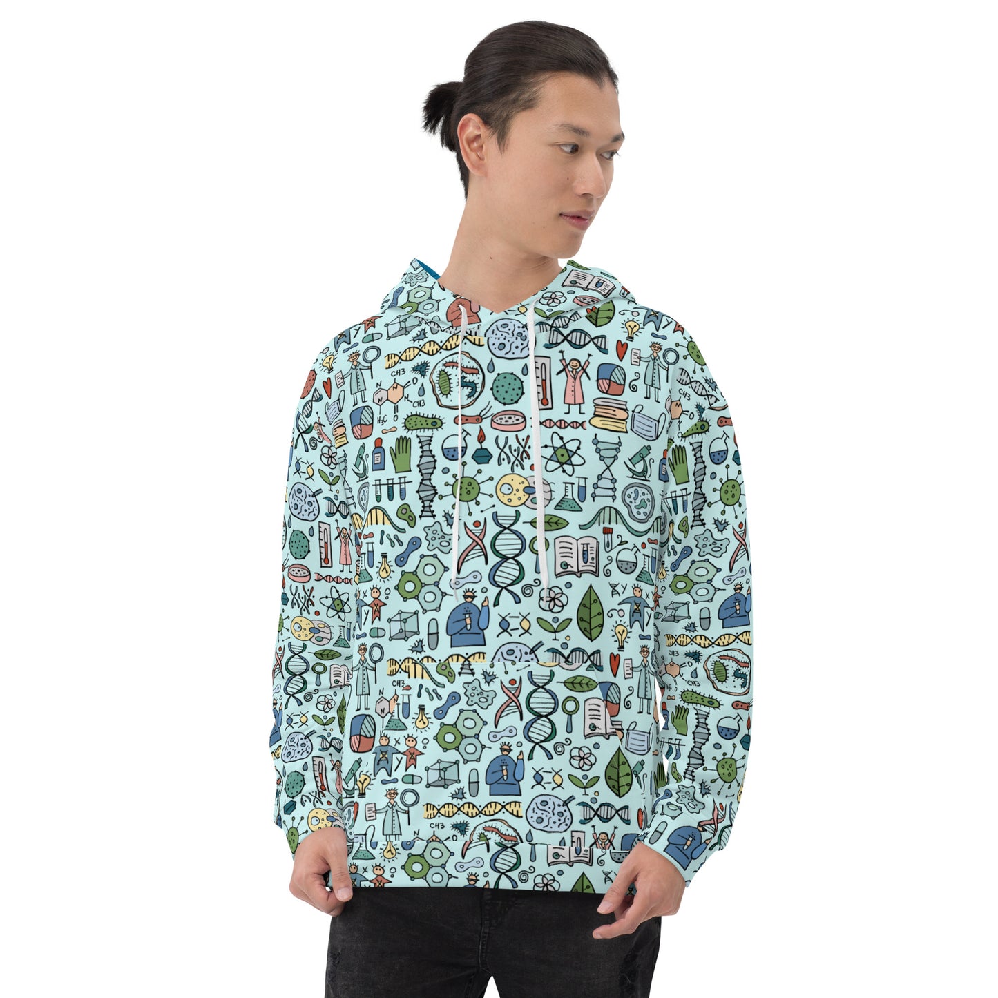 Man wearing All over print designer unisex Hoodie for Science Lovers with thematic print of genetic lab, biology, chemistry