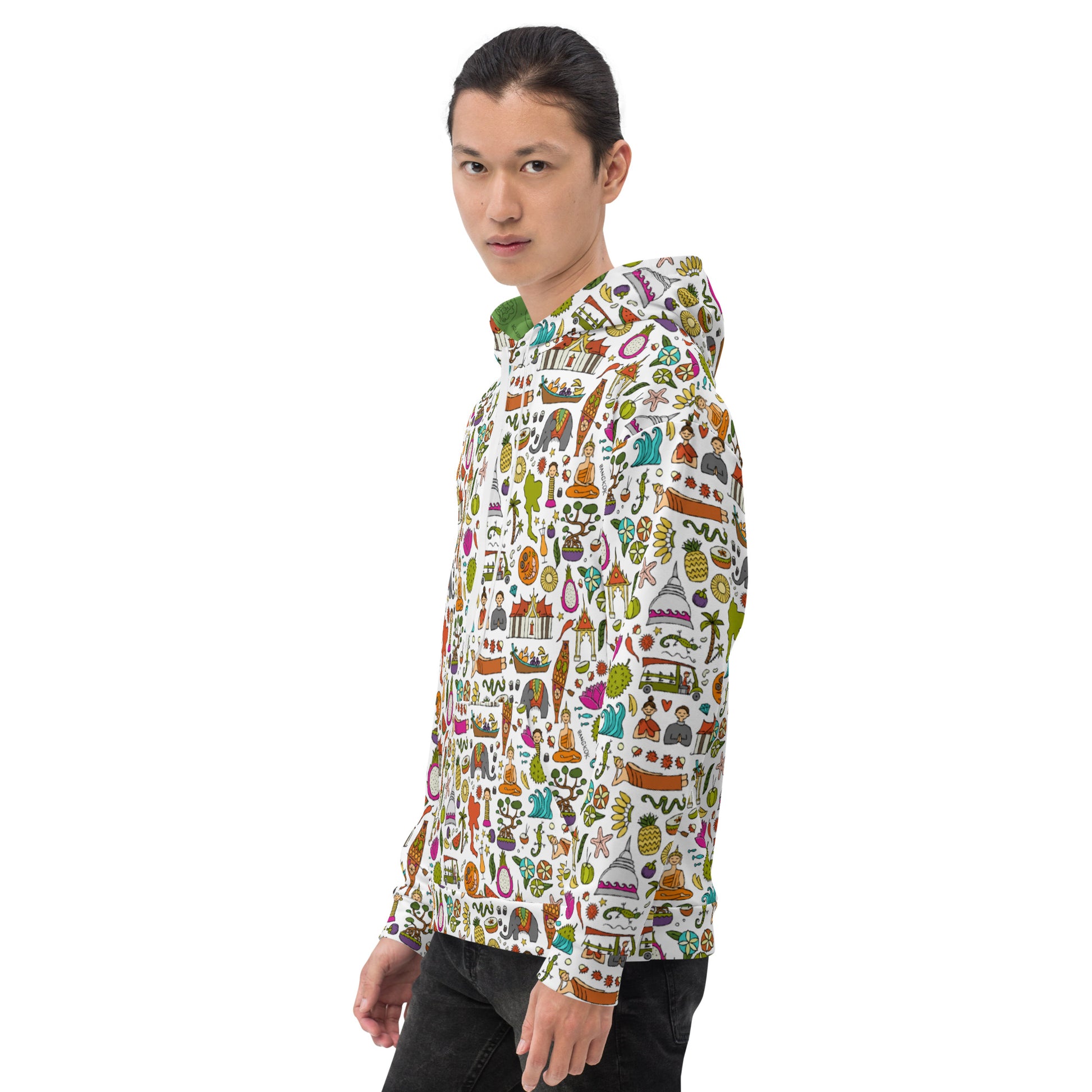 Boy in Unisex Hoodie white with colorful designer print for travelers - All about Thailand