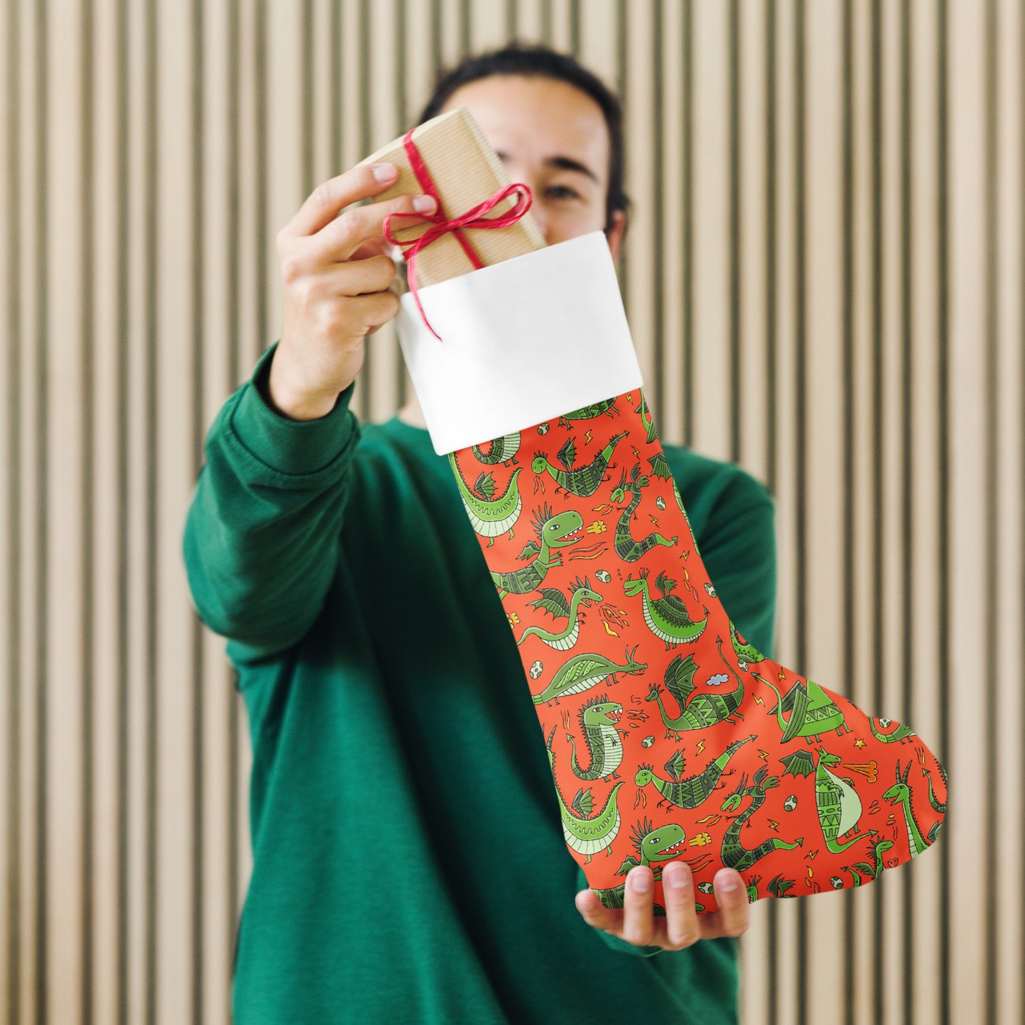 Christmas stocking red with green Dragons