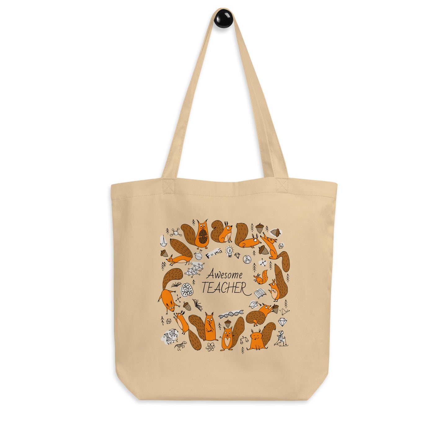 Science-themed eco tote bag with funny science squirrels