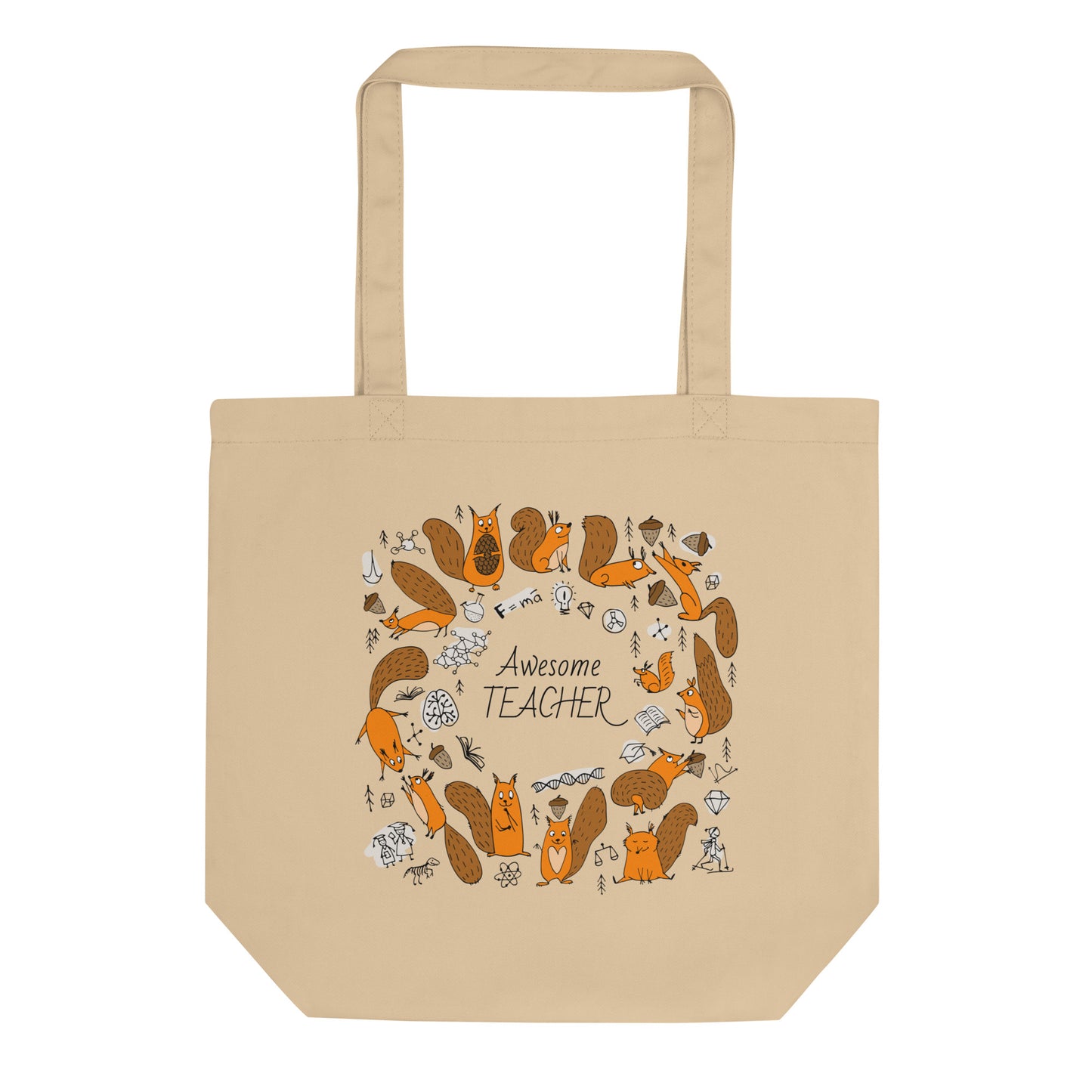 Science-themed eco tote bag with funny science squirrels