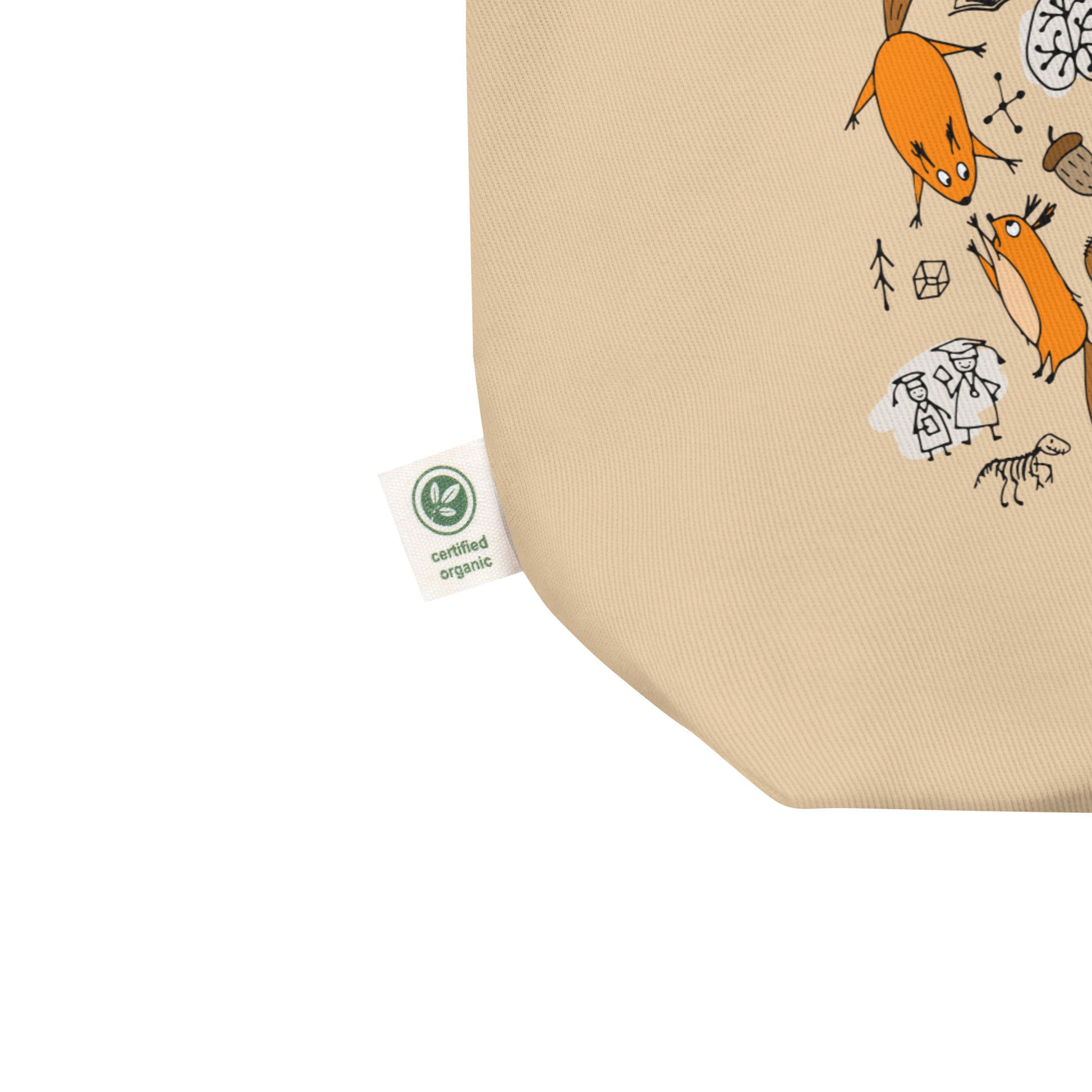 Science-themed eco tote bag with funny science squirrels. Close Up