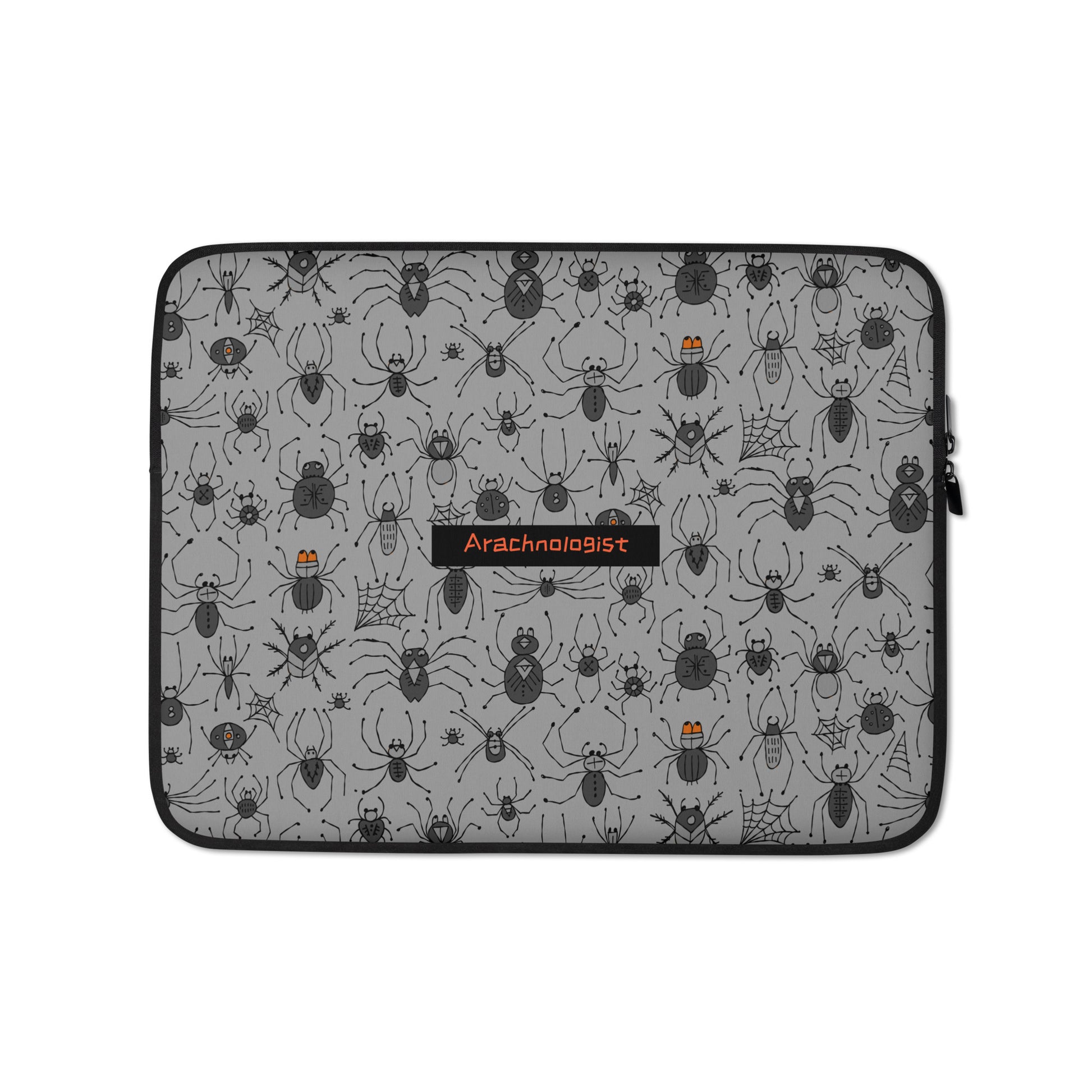 Laptop Sleeve 13", Grey color with personalised text. Funny Spiders Collection. Arachnologist