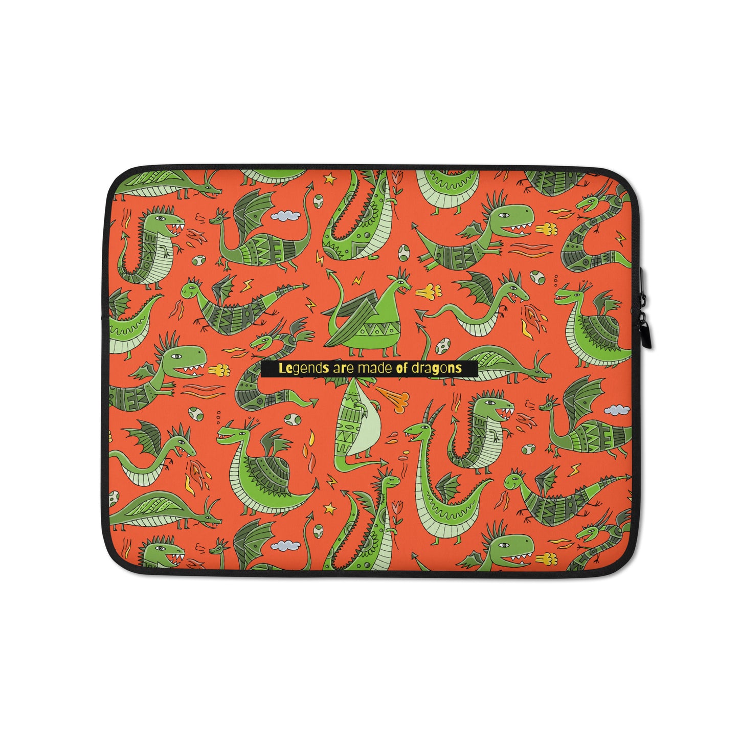 Personalised Laptop Sleeve / Custom Cover 13 with funny green Dragons on red background. Basic text (Legends are made of Dragons) can be changed or delete