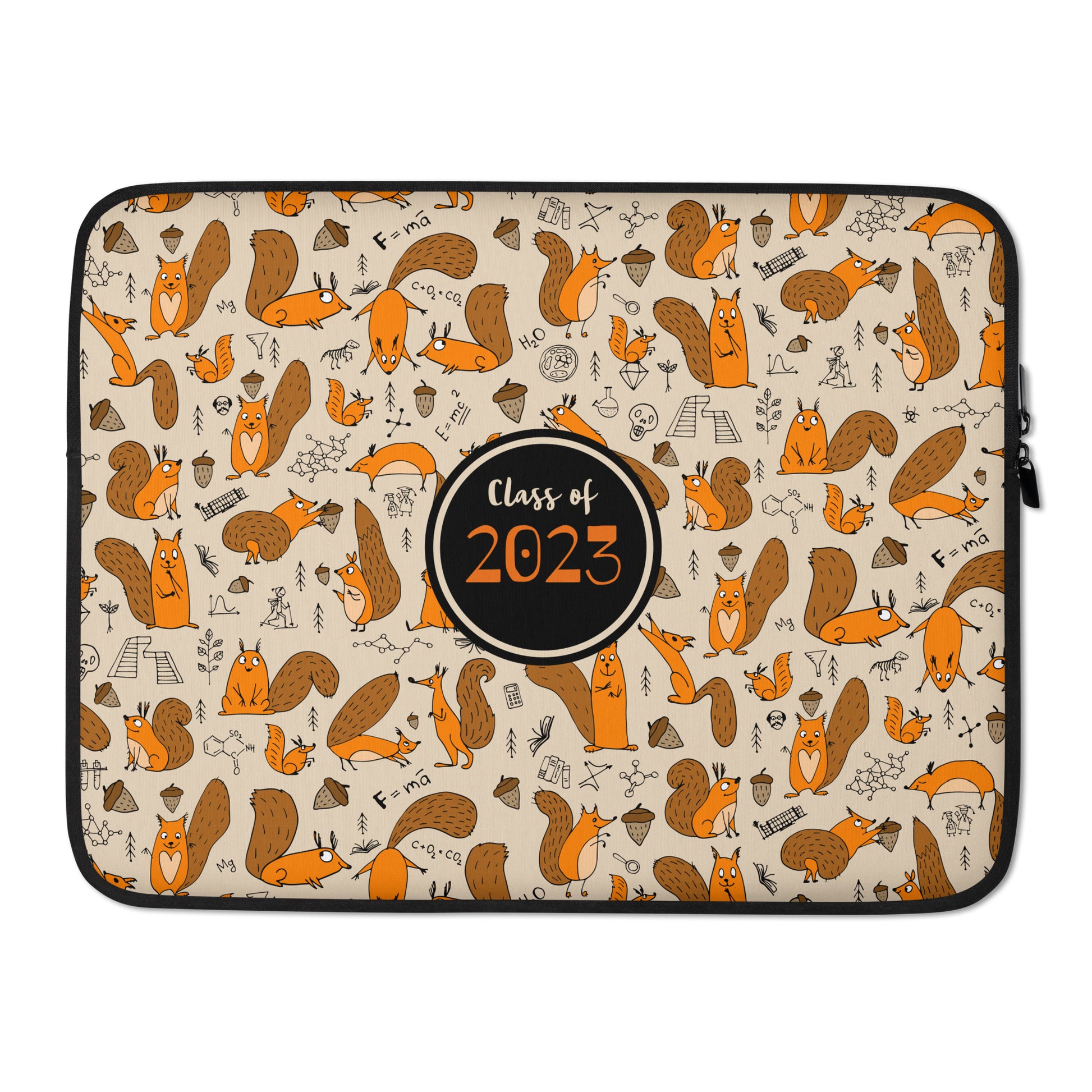 Laptop sleeve with funny science squirrels and personalised text 