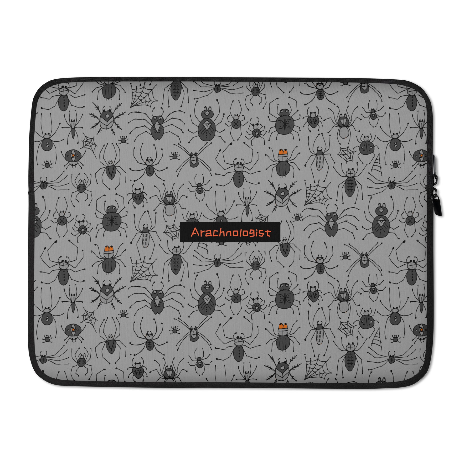 Laptop Sleeve 15", Grey color with personalised text. Funny Spiders Collection. Arachnologist