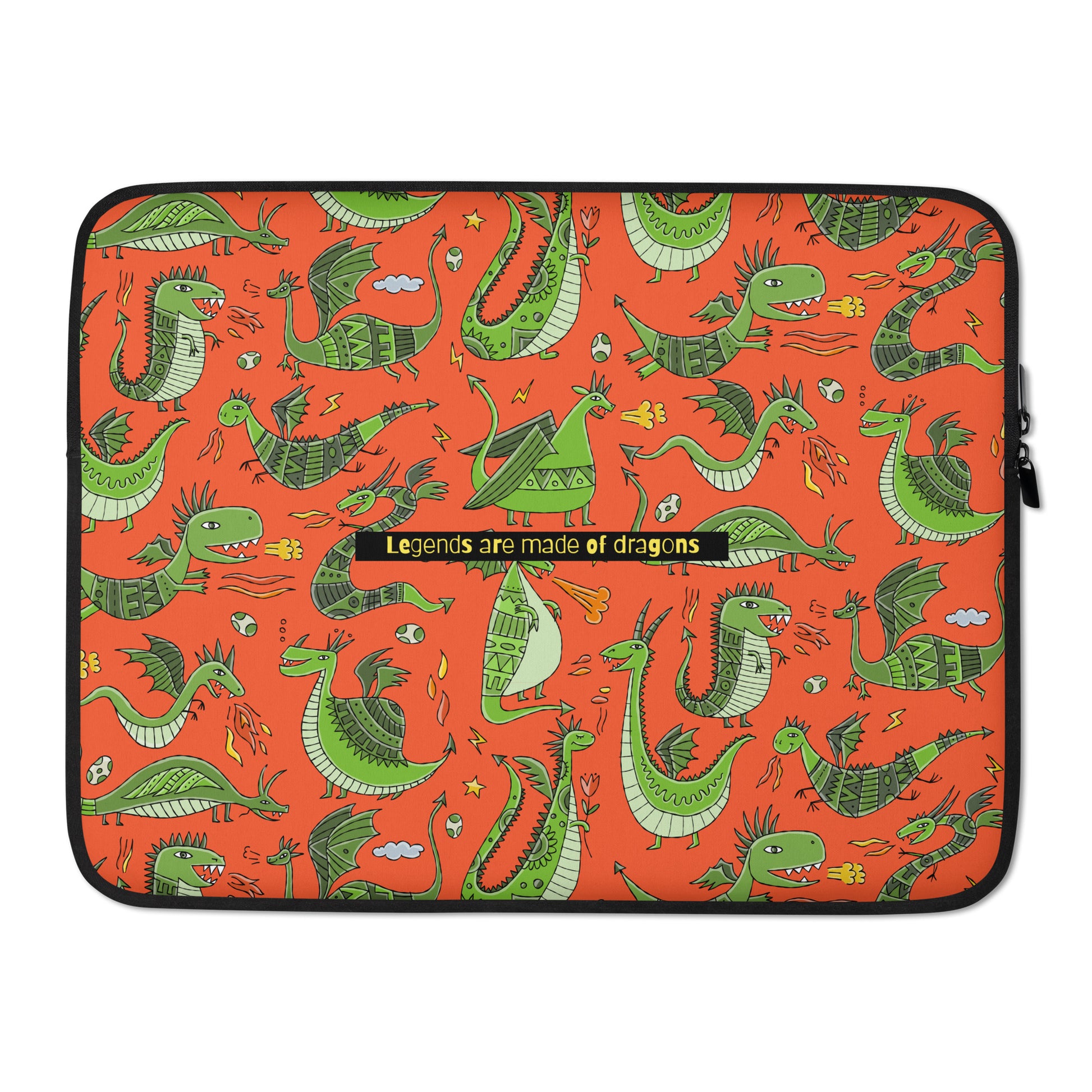 Personalised Laptop Sleeve / Custom Cover 15 with funny green Dragons on red background. Basic text (Legends are made of Dragons) can be changed or delete