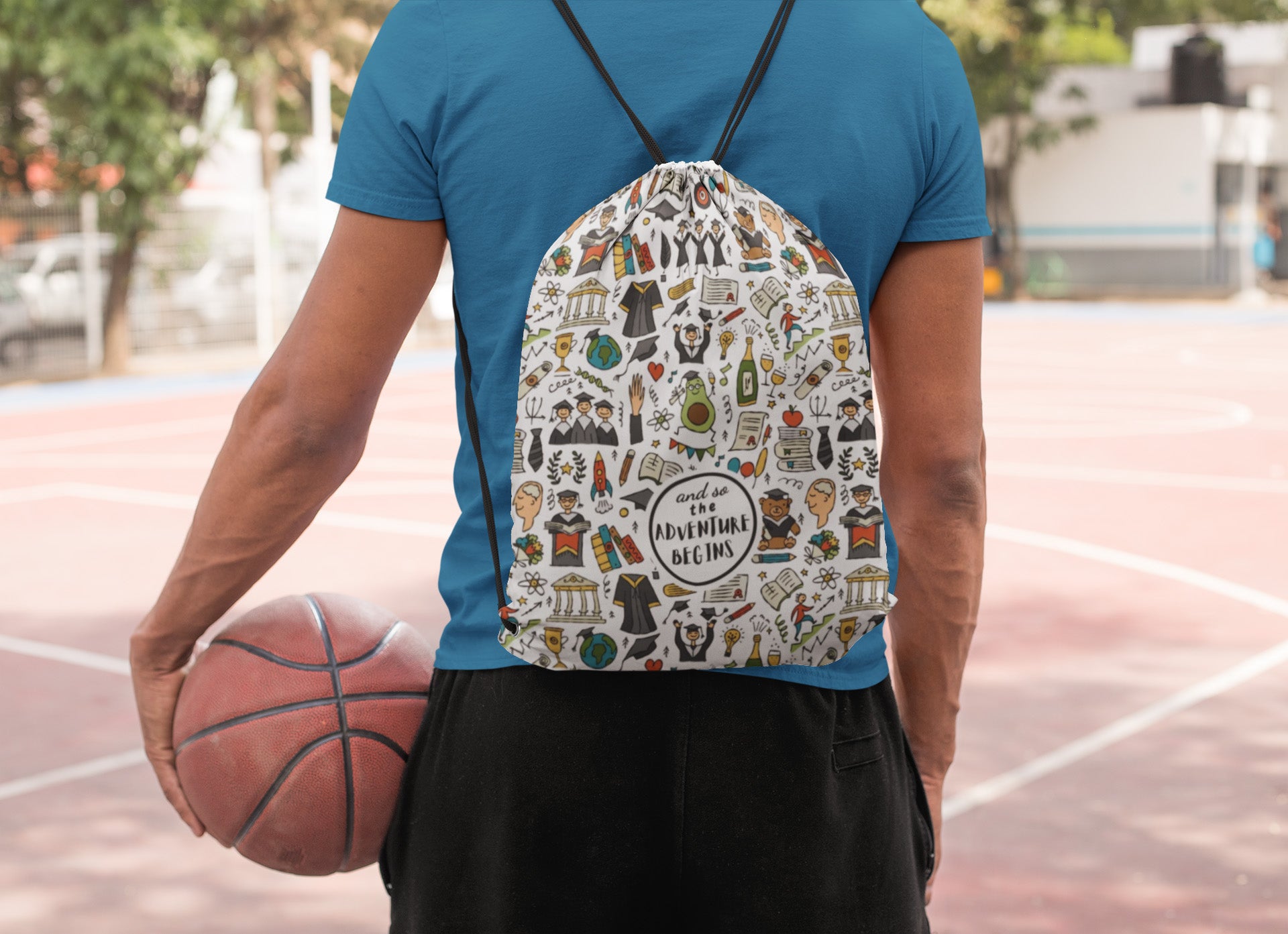Boy with ball and Drawstring bag with title - and so, the adventure begins. Text can be changed for custom. Funny print on white - Grad celebration