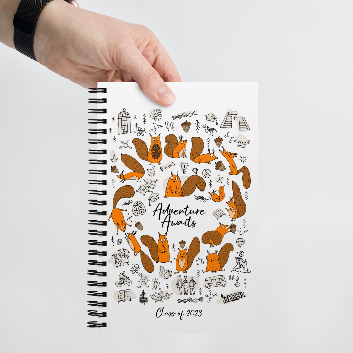 Spiral notebook white with funny science squirrels designer print