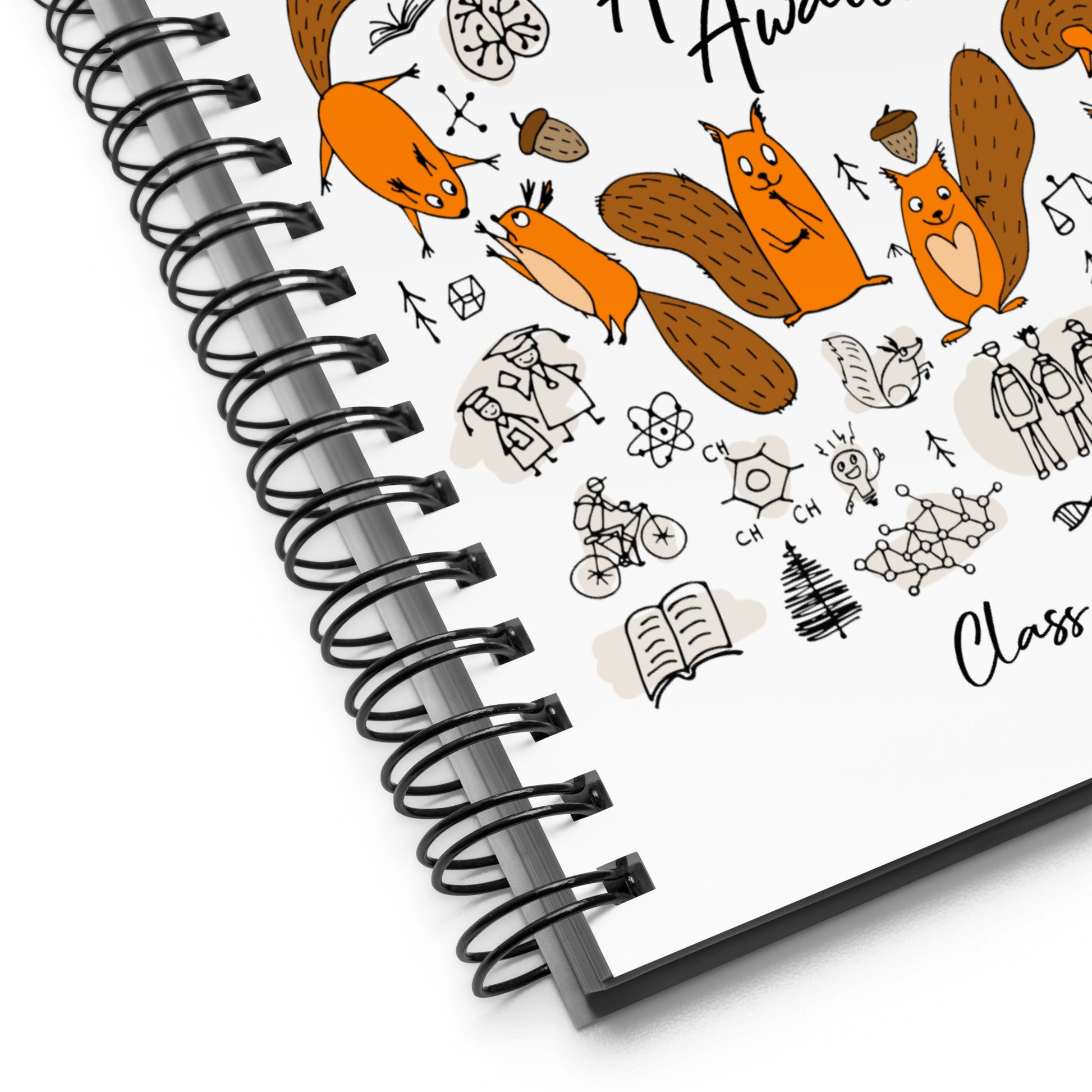 Spiral notebook white with funny science squirrels designer print. Close Up
