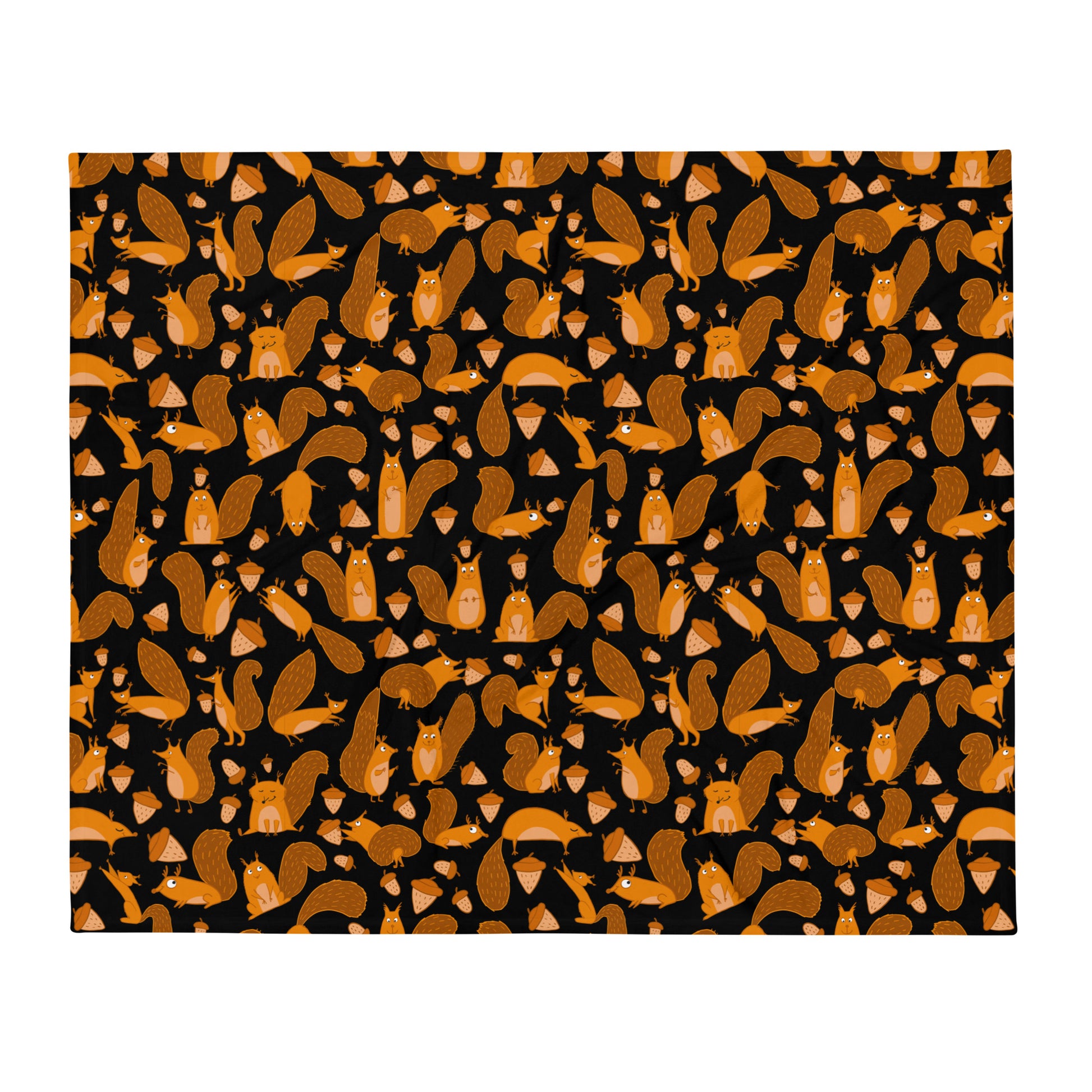 Throw blanket black color with funny orange squirrels and nuts
