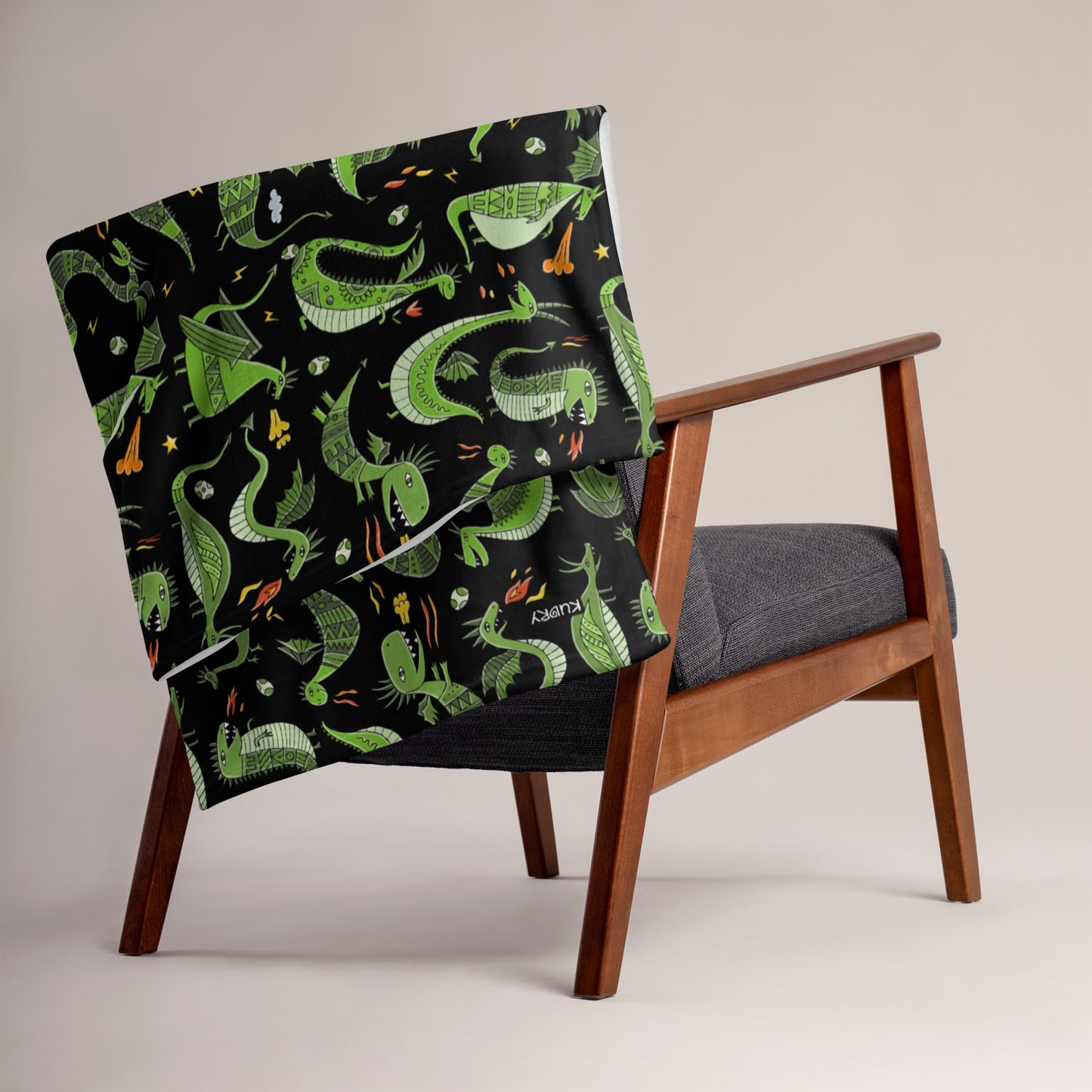 Black blanket 50х60 with funny green dragons on chair