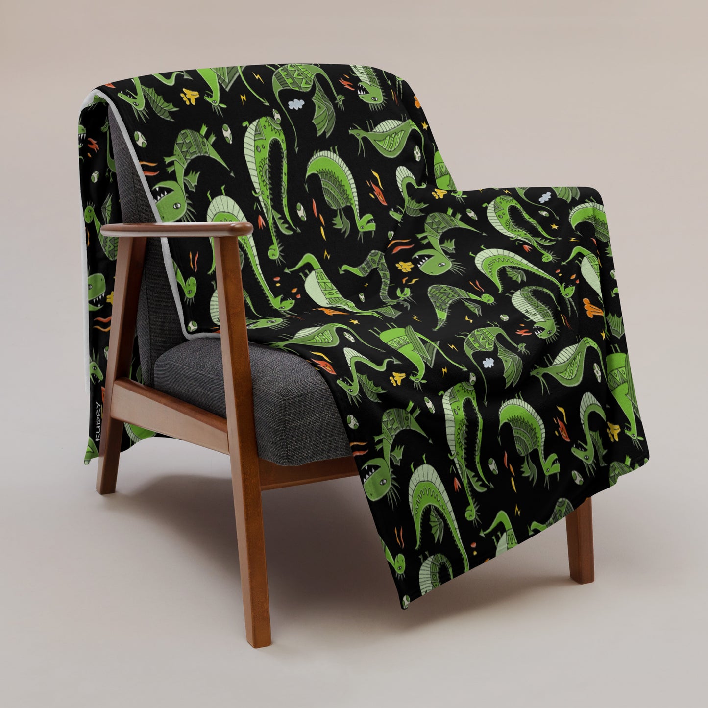 Black blanket 60х80 with funny green dragons on chair
