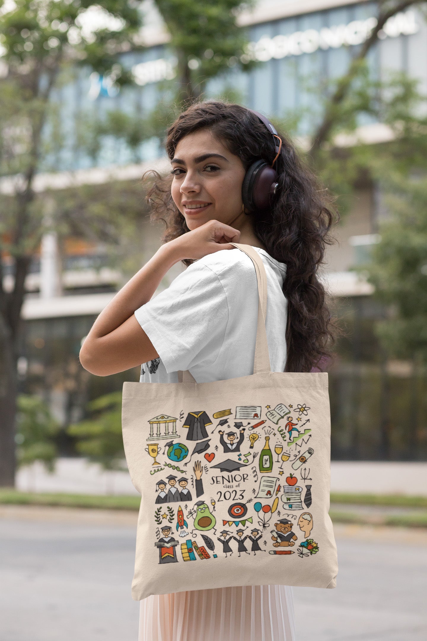 Girl with Eco tote bag for Graduation. Funny designer print. Free personalised option with custom text