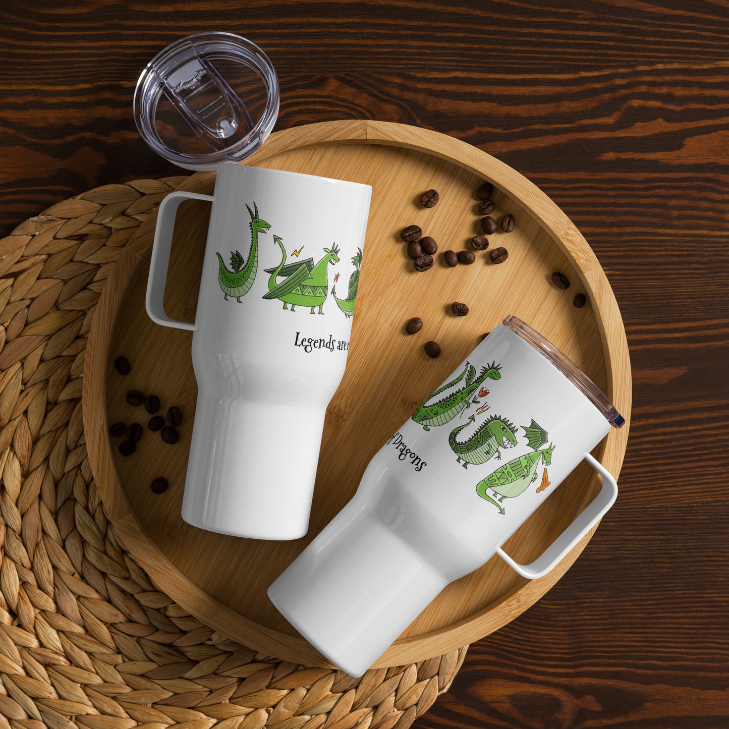 Personalised Travel mug with a handle. Funny Green Dragons print. 