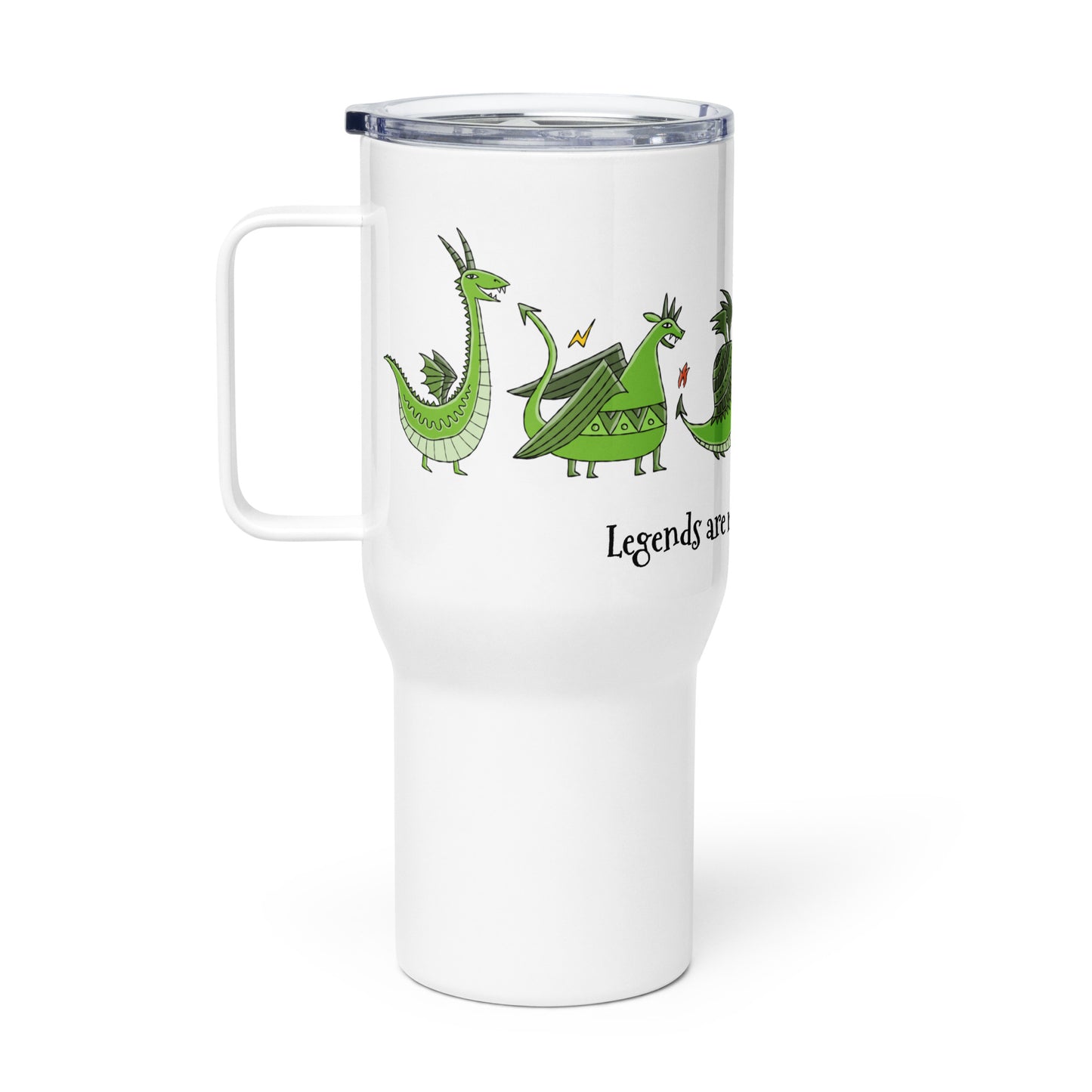 Personalised Travel mug with a handle. Funny Green Dragons print. 