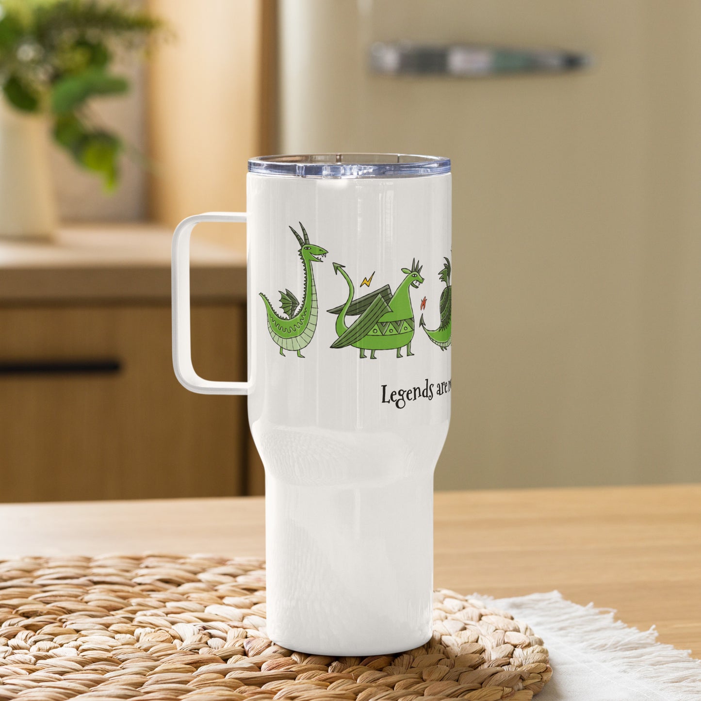 Personalised Travel mug with a handle. Funny Green Dragons print.