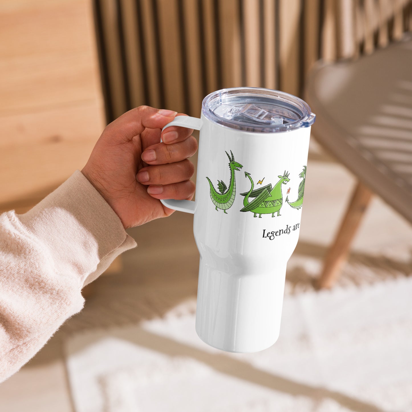Personalised Travel mug with a handle. Funny Green Dragons print.