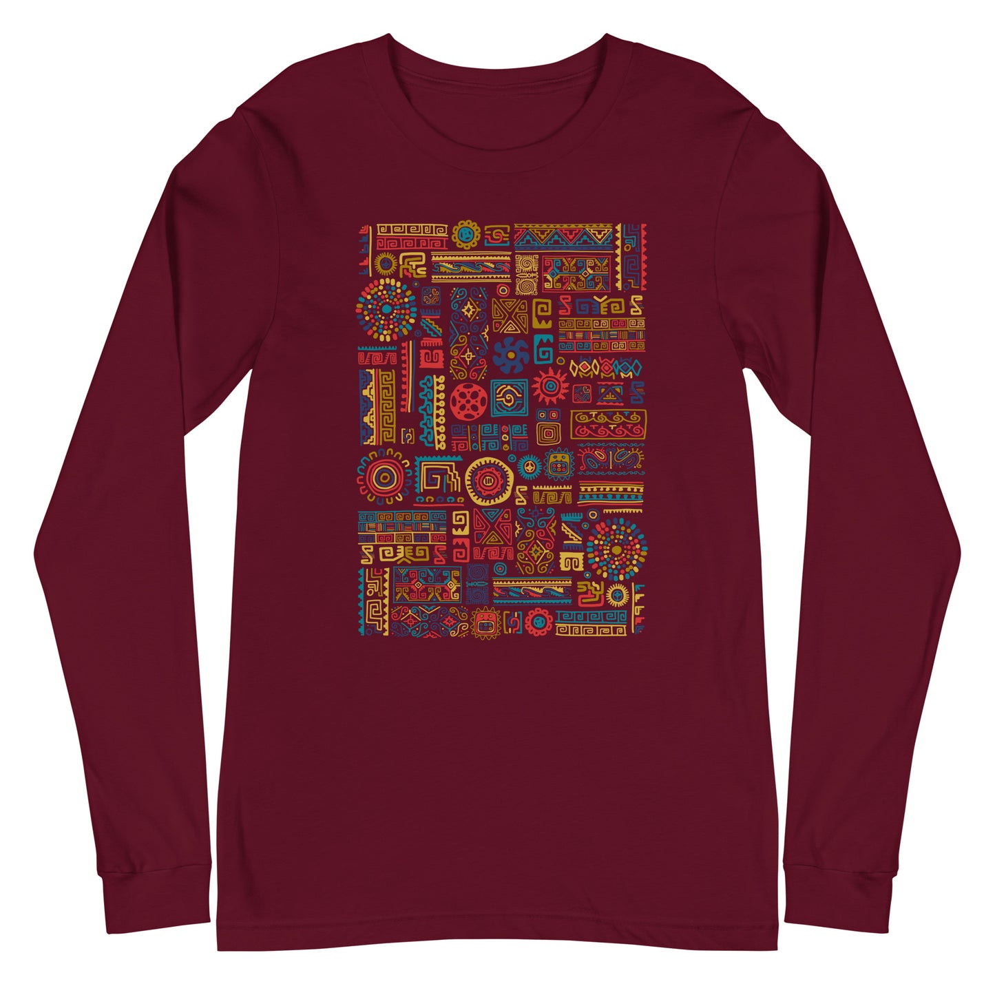 Unisex Long Sleeve dark red color Tee with Ethnic Ornament with Mexican design elements