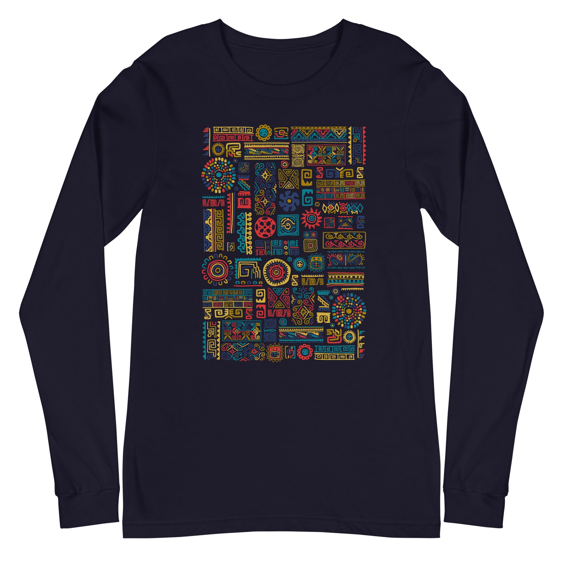 Unisex Long Sleeve dark blue color Tee with Ethnic Ornament with Mexican design elements