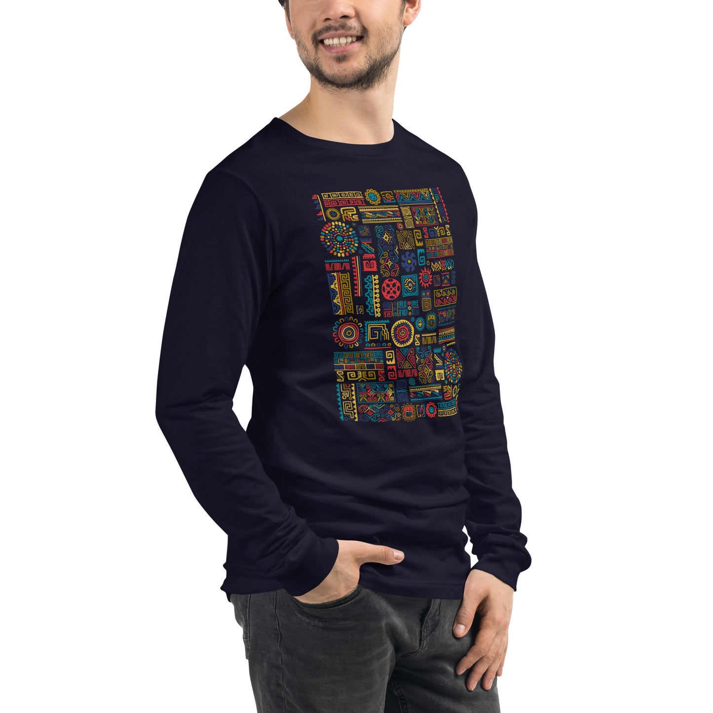Man in Unisex Long Sleeve black color Tee with Ethnic Ornament with Mexican design elements