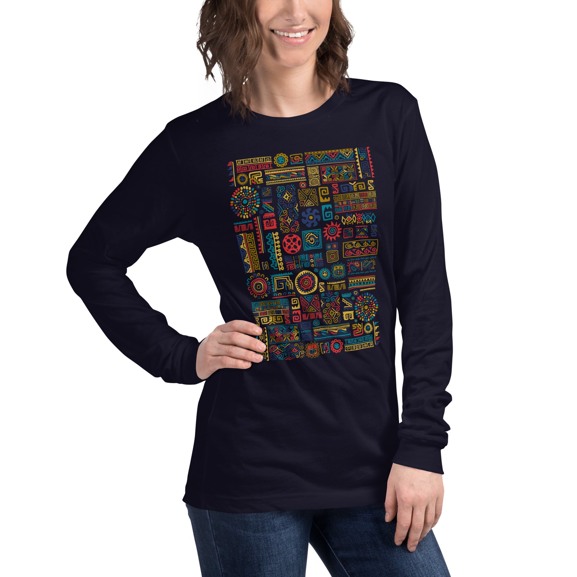 Woman in Unisex Long Sleeve black color Tee with Ethnic Ornament with Mexican design elements