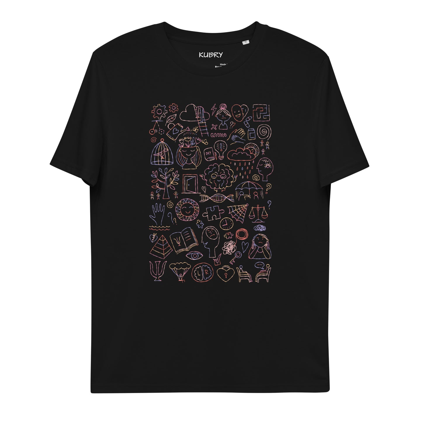 Unisex organic cotton t-shirt black, funny Psychology concept art. Kudry