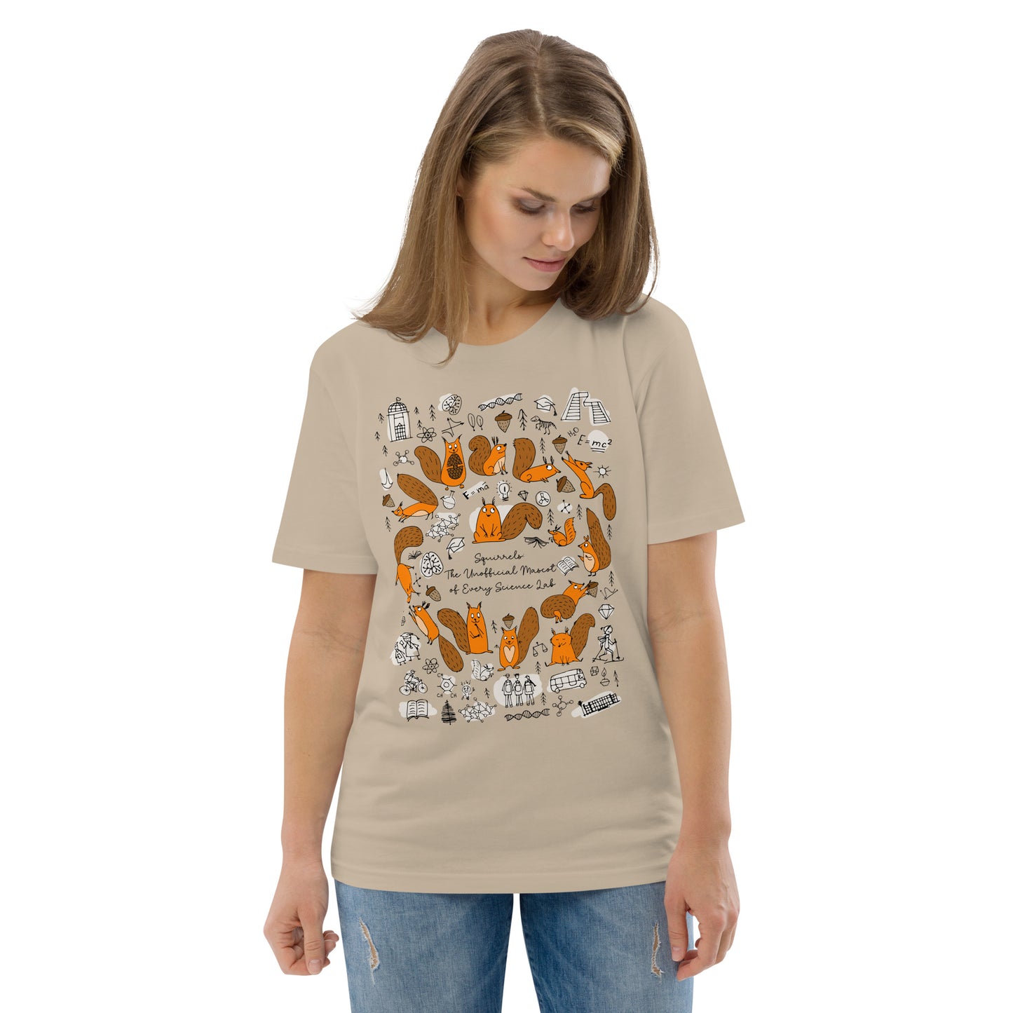 Woman in Unisex organic Cotton beige t-shirt with funny Squirrels and science design elements. Personalised t-shirt. Basic text on t-shirt "Squirrels the unofficial mascot of every lab"