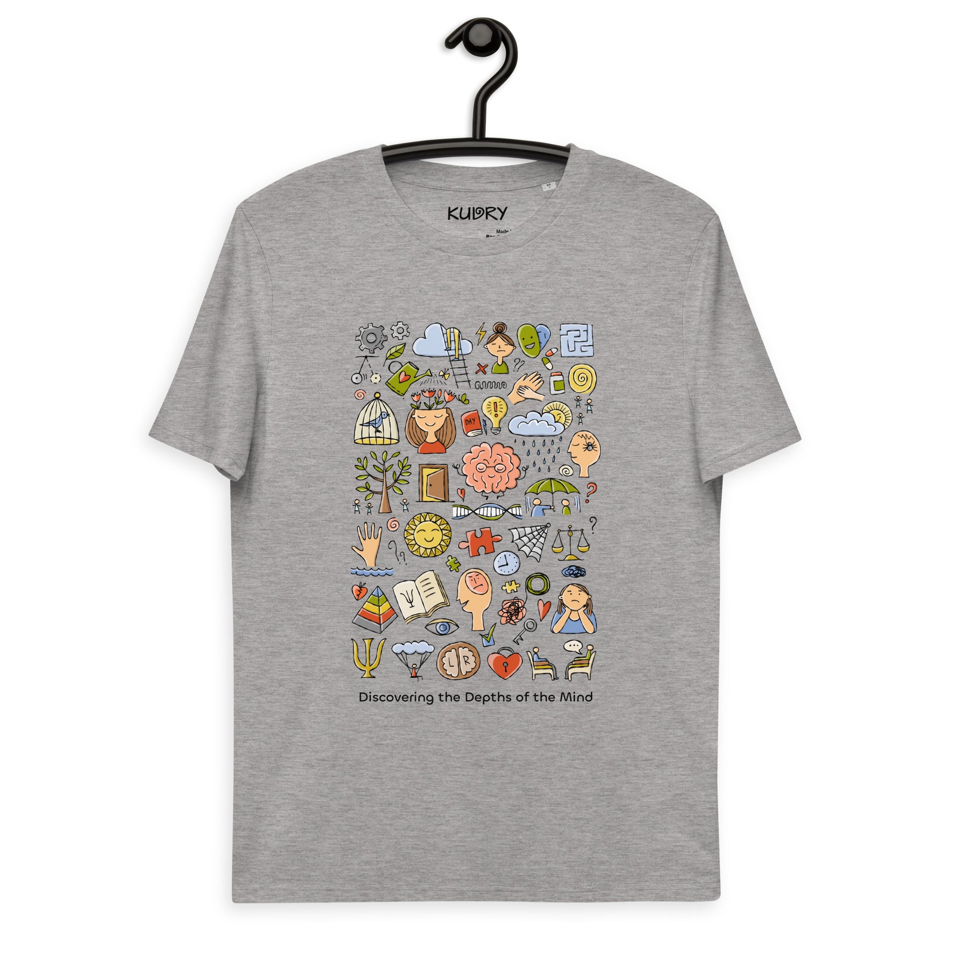 Grey t-shirt with funny concept art print about Psychology. Discovering the Depths of the Mind