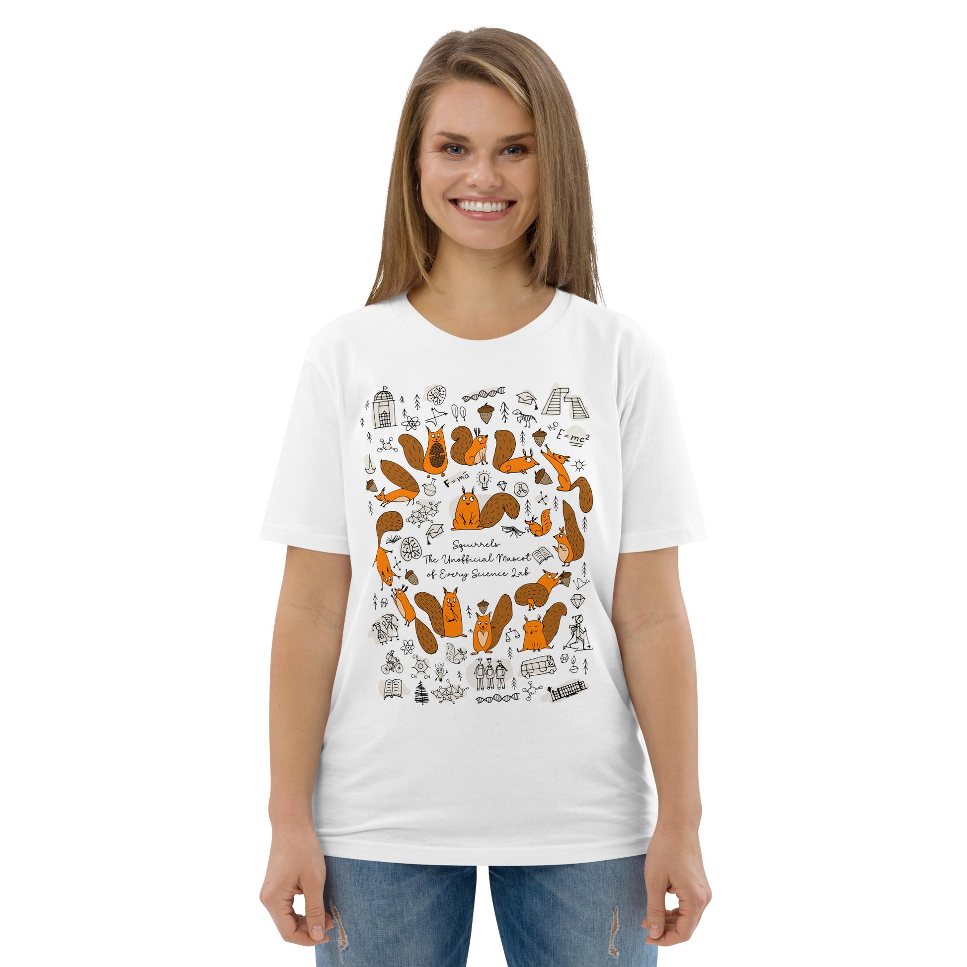 Smiling Woman in Unisex organic Cotton t-shirt with funny Squirrels and science design elements. Personalised t-shirt. Basic text on t-shirt "Squirrels the unofficial mascot of every lab"