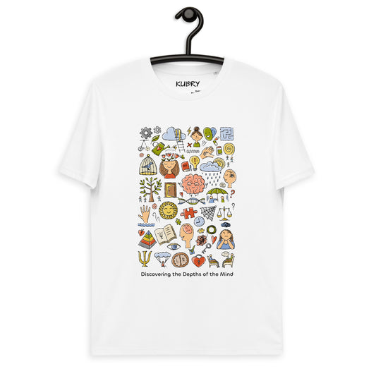 White t-shirt with funny concept art print about Psychology. Discovering the Depths of the Mind