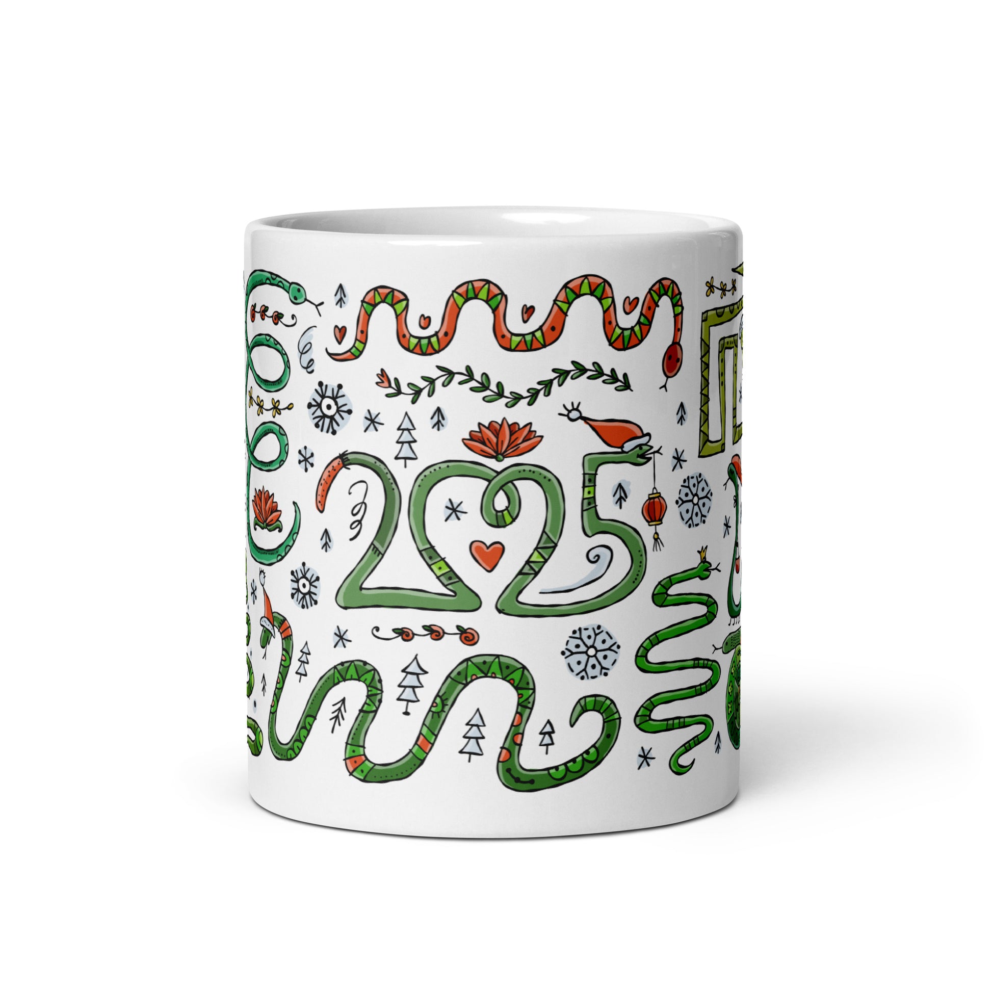 Mug 11 oz front view, with 'Year of the Snake 2025' design, Chinese zodiac, ceramic mug with funny snakes in santa hats, symbol for a gift, personalized souvenir for New Year