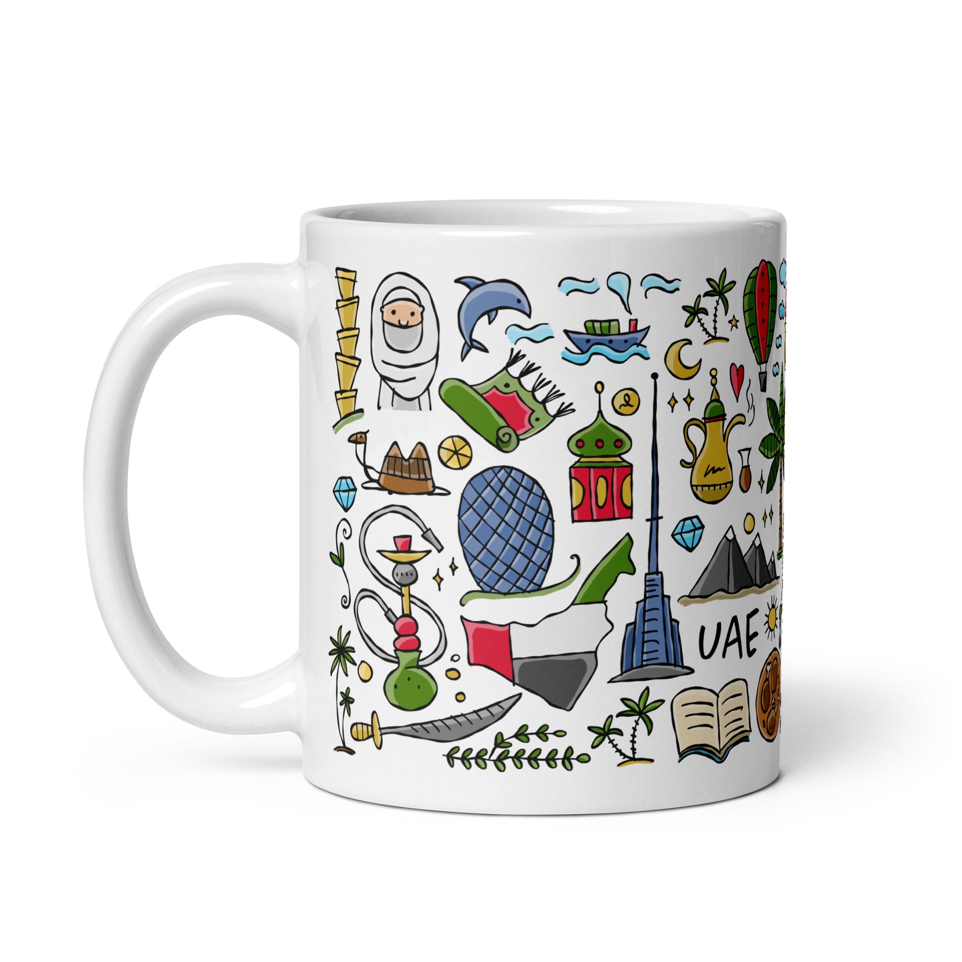 White ceramic Gift mug 11 oz with designer print Dubai UAE country 