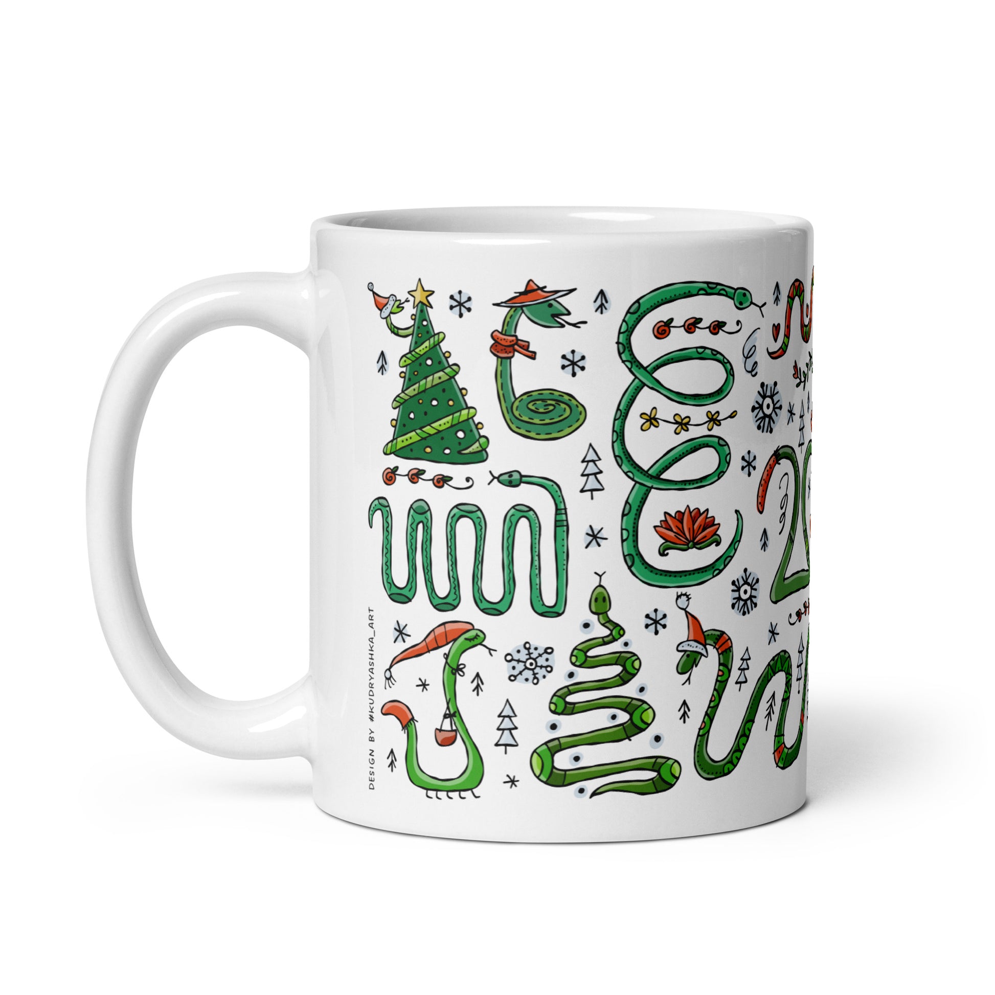 Mug 11 oz with 'Year of the Snake 2025' design, Chinese zodiac, ceramic mug with funny snakes in santa hats, symbol for a gift, personalized souvenir for New Year