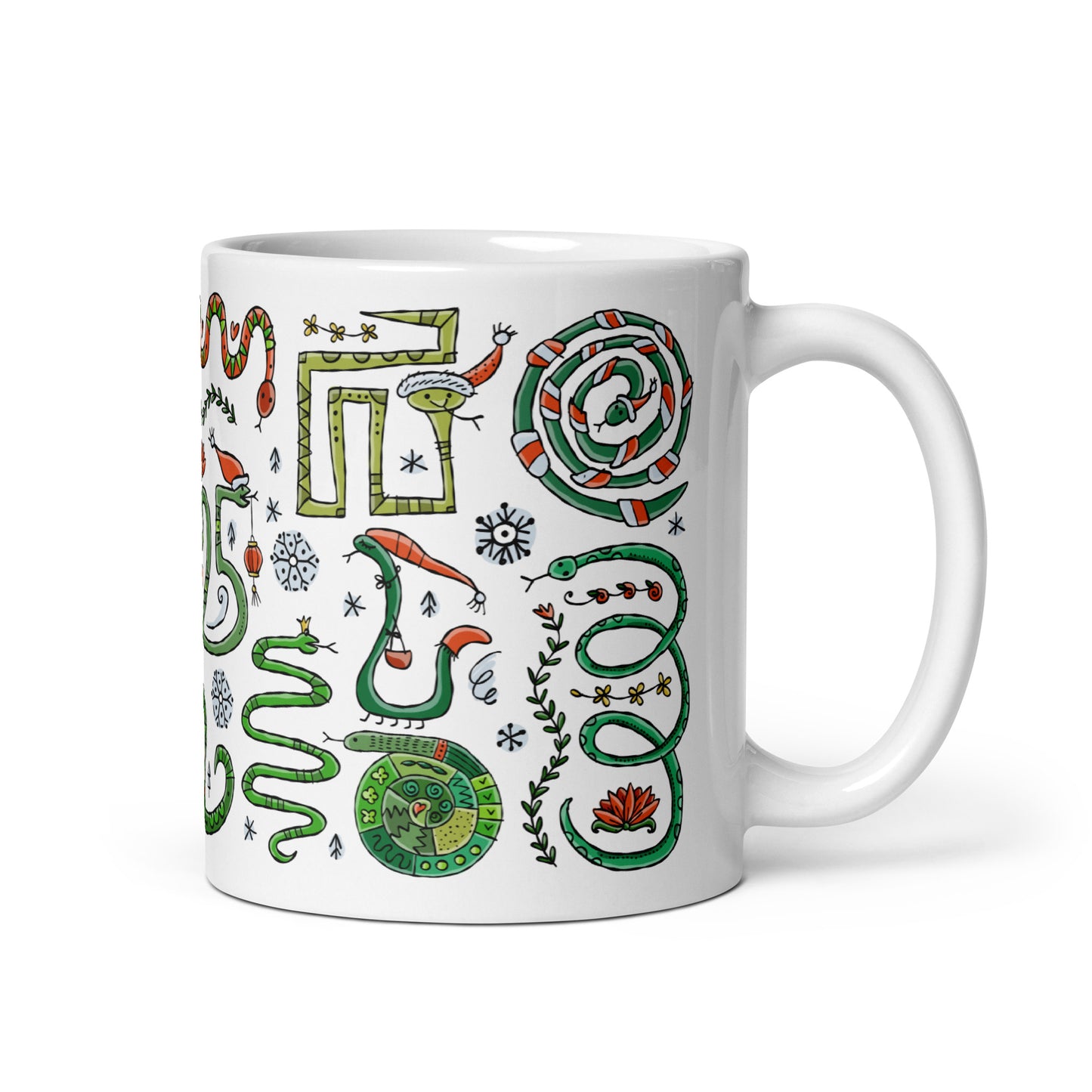 Mug 11 oz with 'Year of the Snake 2025' design, Chinese zodiac, ceramic mug with funny snakes in santa hats, symbol for a gift, personalized souvenir for New Year