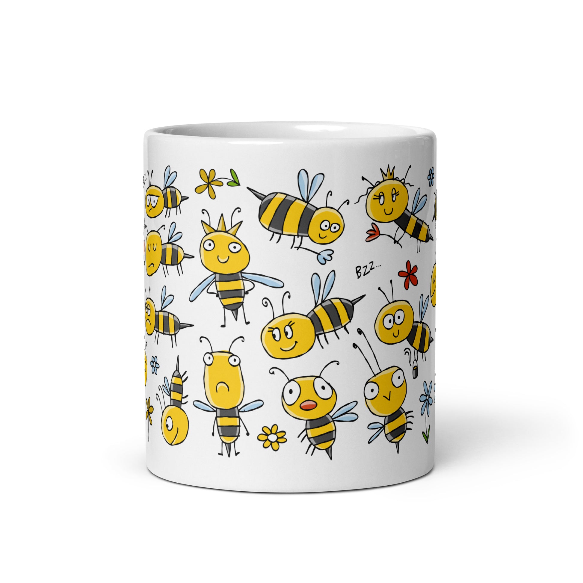 11 oz ceramic mug with Beehive print - funny and cute yellow bees characters.