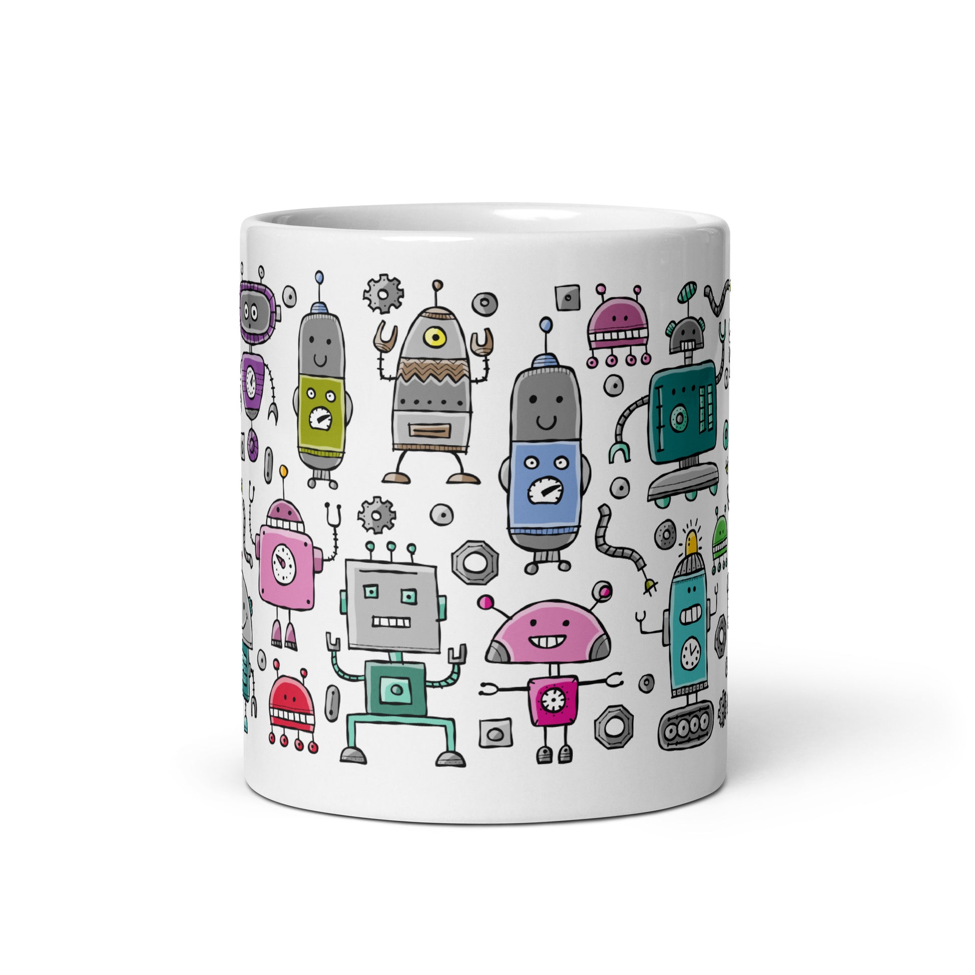 A white ceramic 11oz mug with a collection of colorful and comical robots, perfect for adding joy and laughter to your morning routine