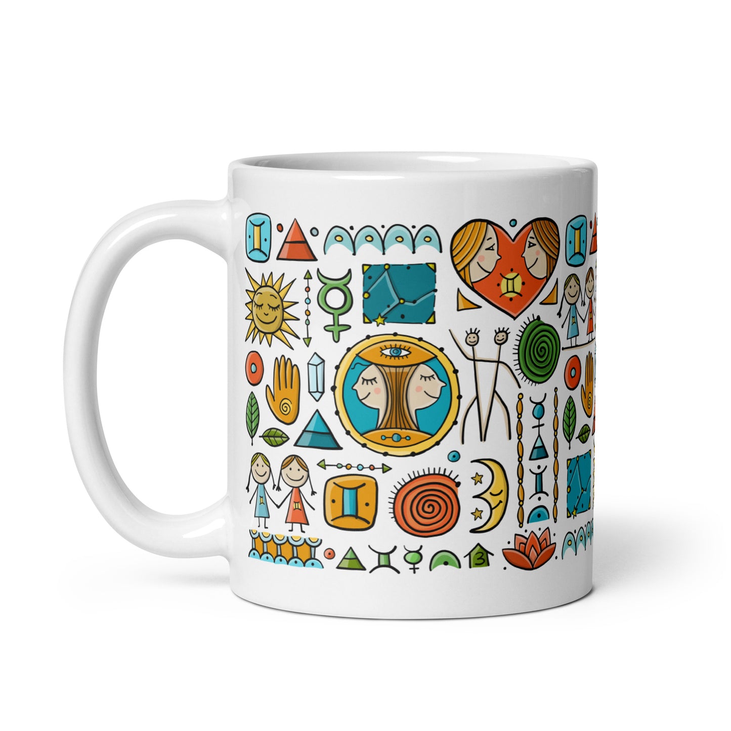 Gemini Zodiac Mug 11 oz: A white ceramic mug featuring a Gemini zodiac symbol design for astrology enthusiasts. Great gift idea for Gemini.