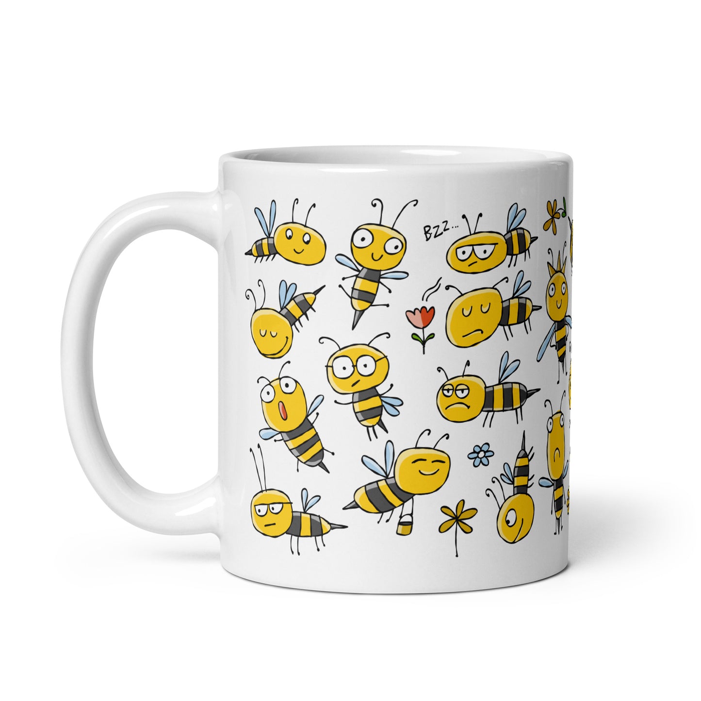 11 oz ceramic mug with Beehive print - funny and cute yellow bees characters.