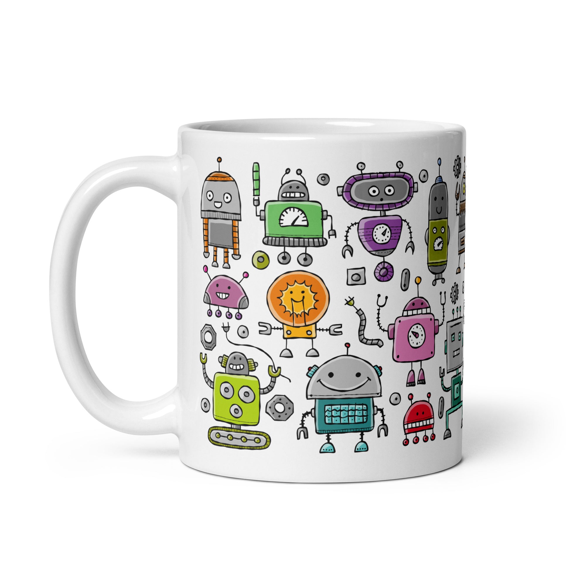 A white ceramic 11oz mug with a collection of colorful and comical robots, perfect for adding joy and laughter to your morning routine